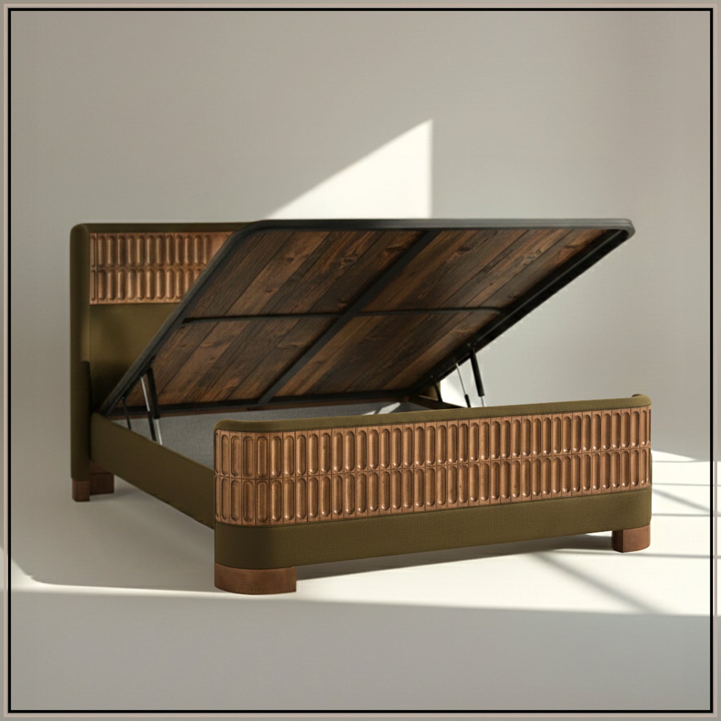 Heritage Cane Upholstered King Size Bed in Olive Linen With Oak wood Frame