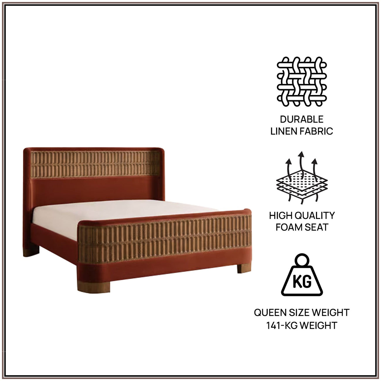 Heritage Cane Upholstered Queen Size Bed in Rust Linen with Oak wood Frame