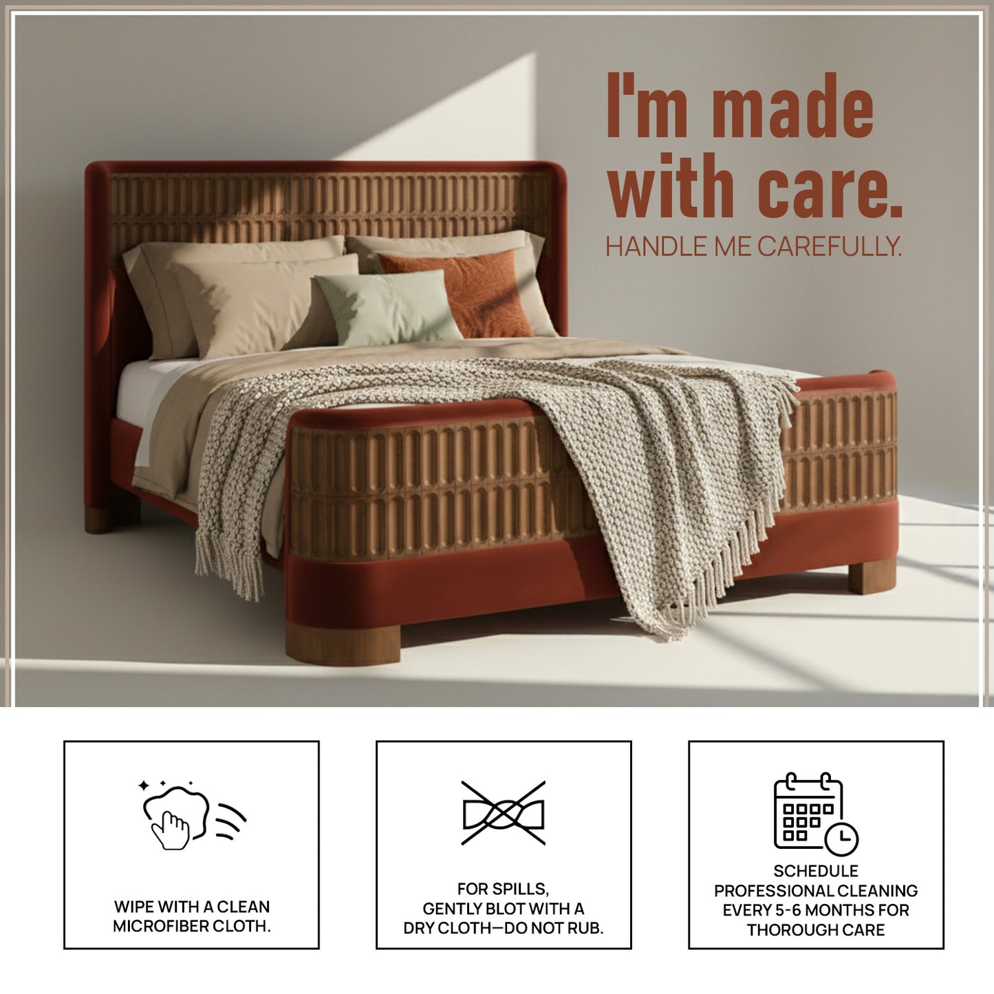 Heritage Cane Upholstered King Size Bed in Rust Linen With Oak wood Frame