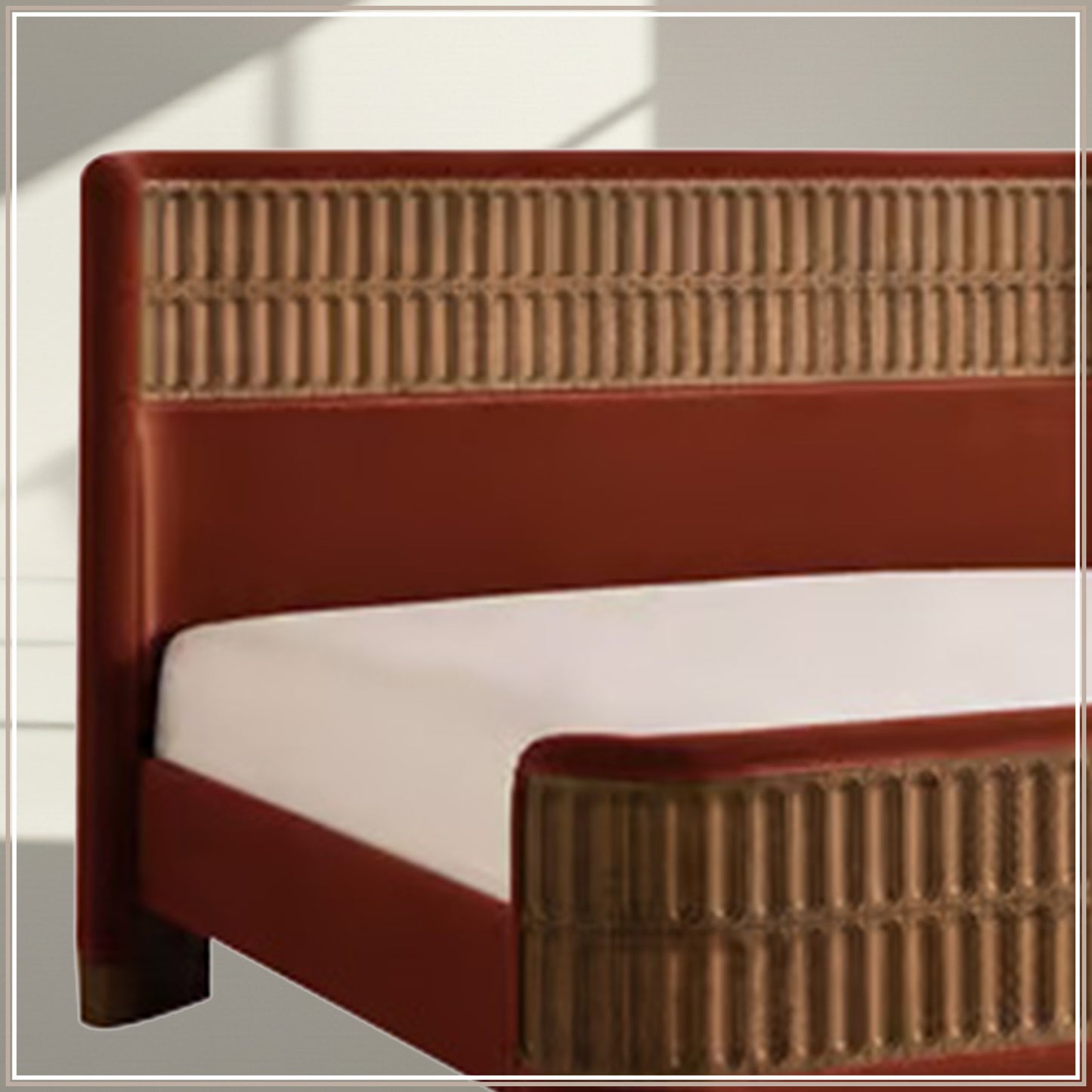 Heritage Cane Upholstered King Size Bed in Rust Linen With Oak wood Frame