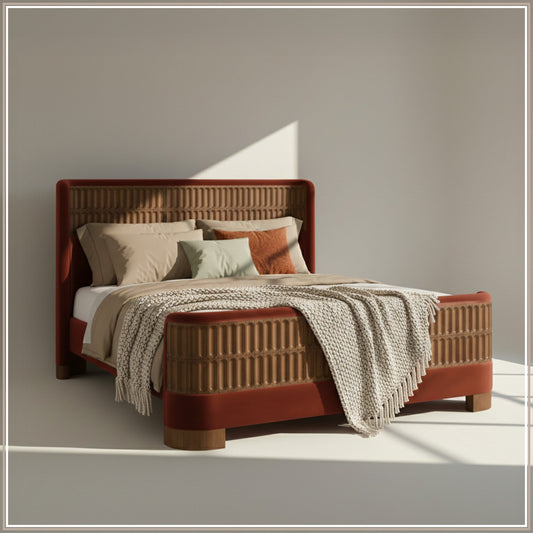 Heritage Cane Upholstered Queen Size Bed in Rust Linen with Oak wood Frame