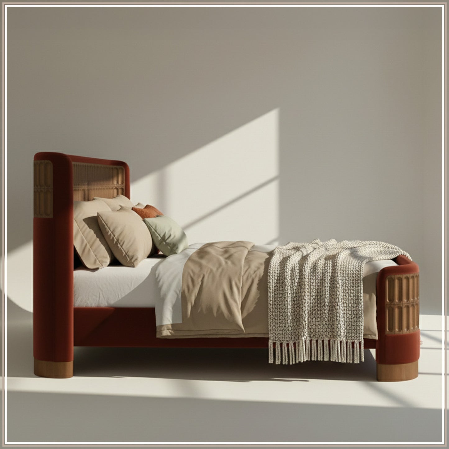 Heritage Cane Upholstered King Size Bed in Rust Linen With Oak wood Frame
