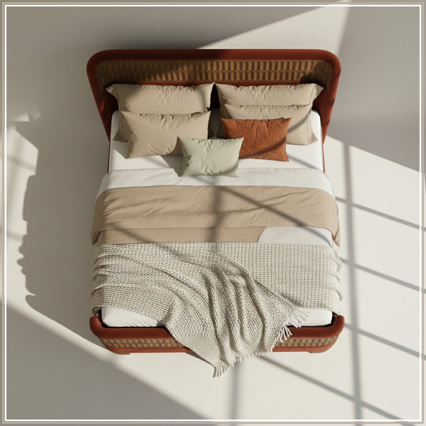 Heritage Cane Upholstered King Size Bed in Rust Linen With Oak wood Frame