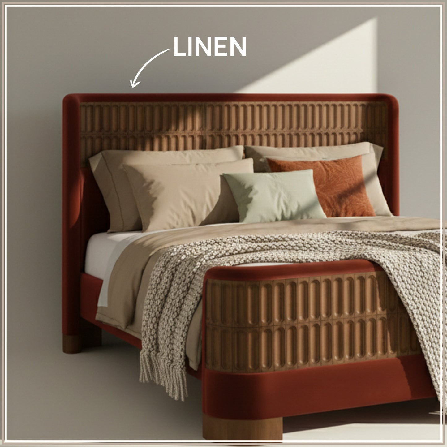 Heritage Cane Upholstered Queen Size Bed in Rust Linen with Oak wood Frame