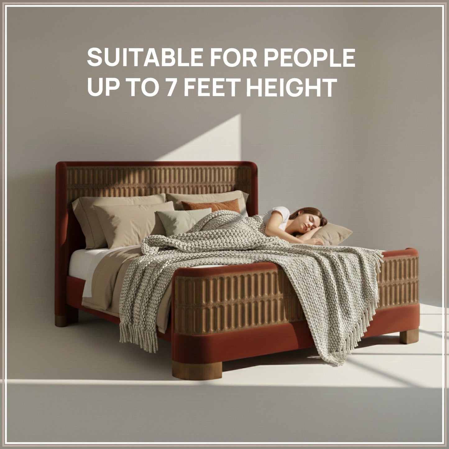 Heritage Cane Upholstered King Size Bed in Rust Linen With Oak wood Frame