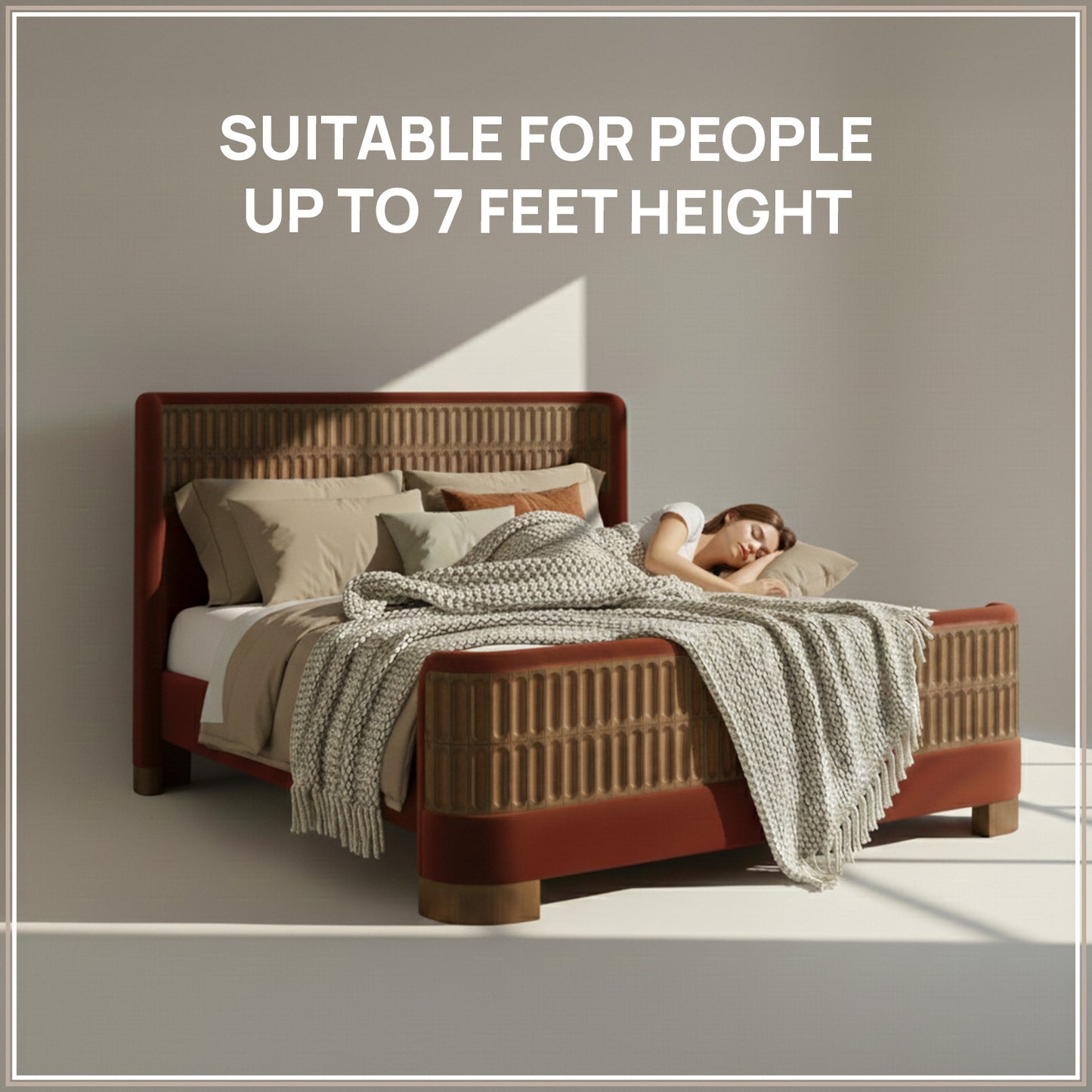 Heritage Cane Upholstered Queen Size Bed in Rust Linen with Oak wood Frame