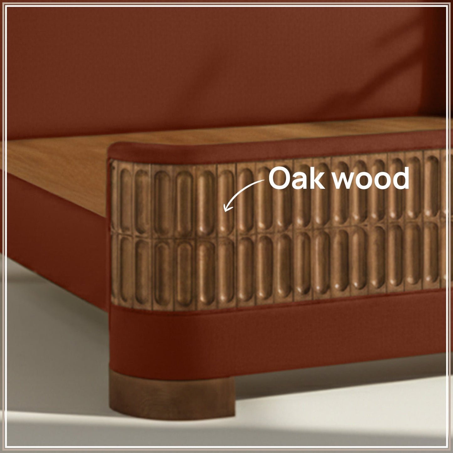 Heritage Cane Upholstered Queen Size Bed in Rust Linen with Oak wood Frame