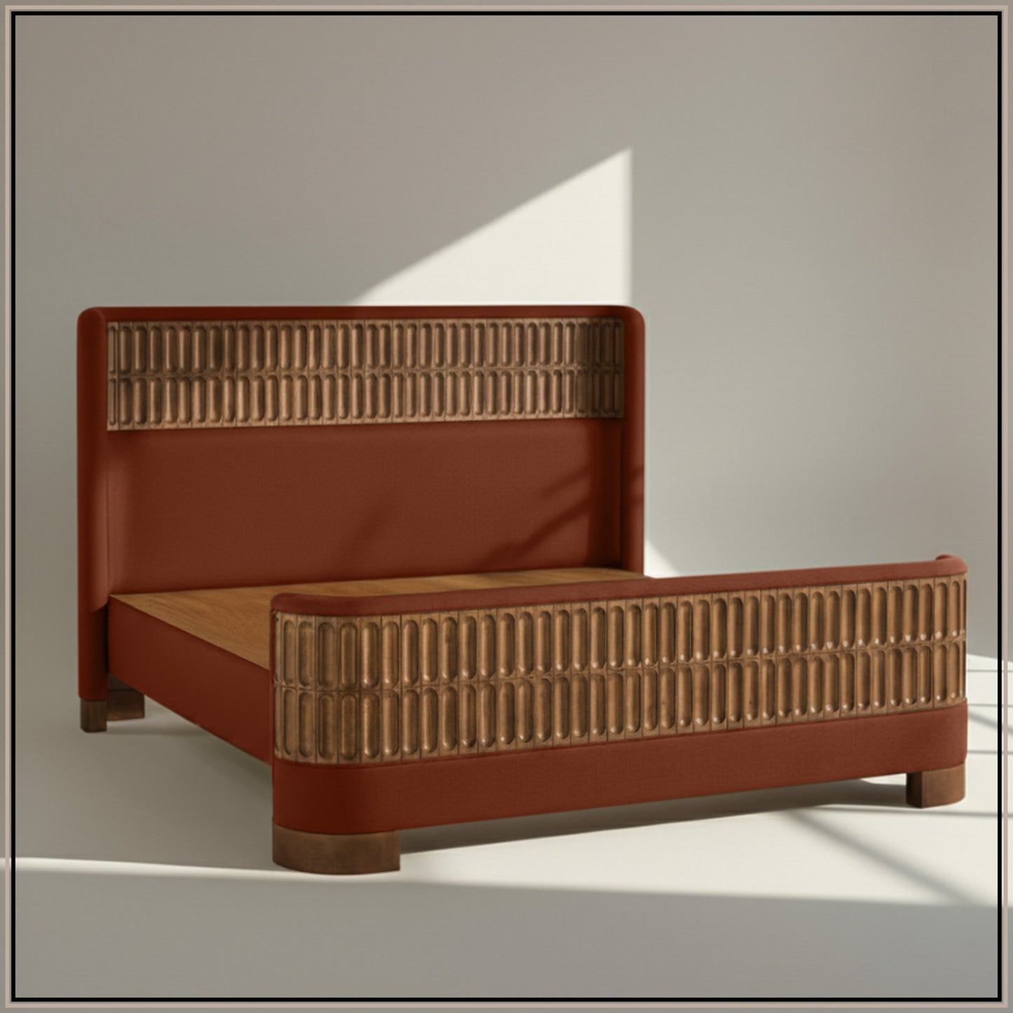 Heritage Cane Upholstered Queen Size Bed in Rust Linen with Oak wood Frame