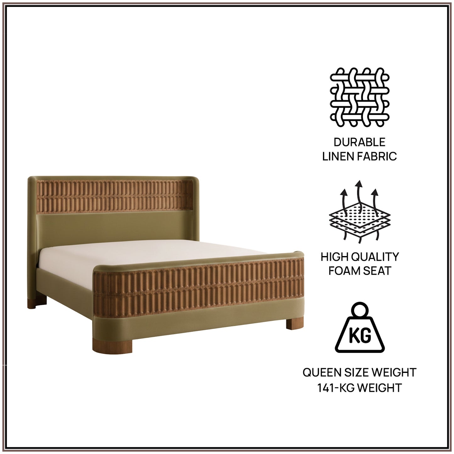 Heritage Cane Upholstered Queen Size Bed in Lichen Linen with Oak wood Frame