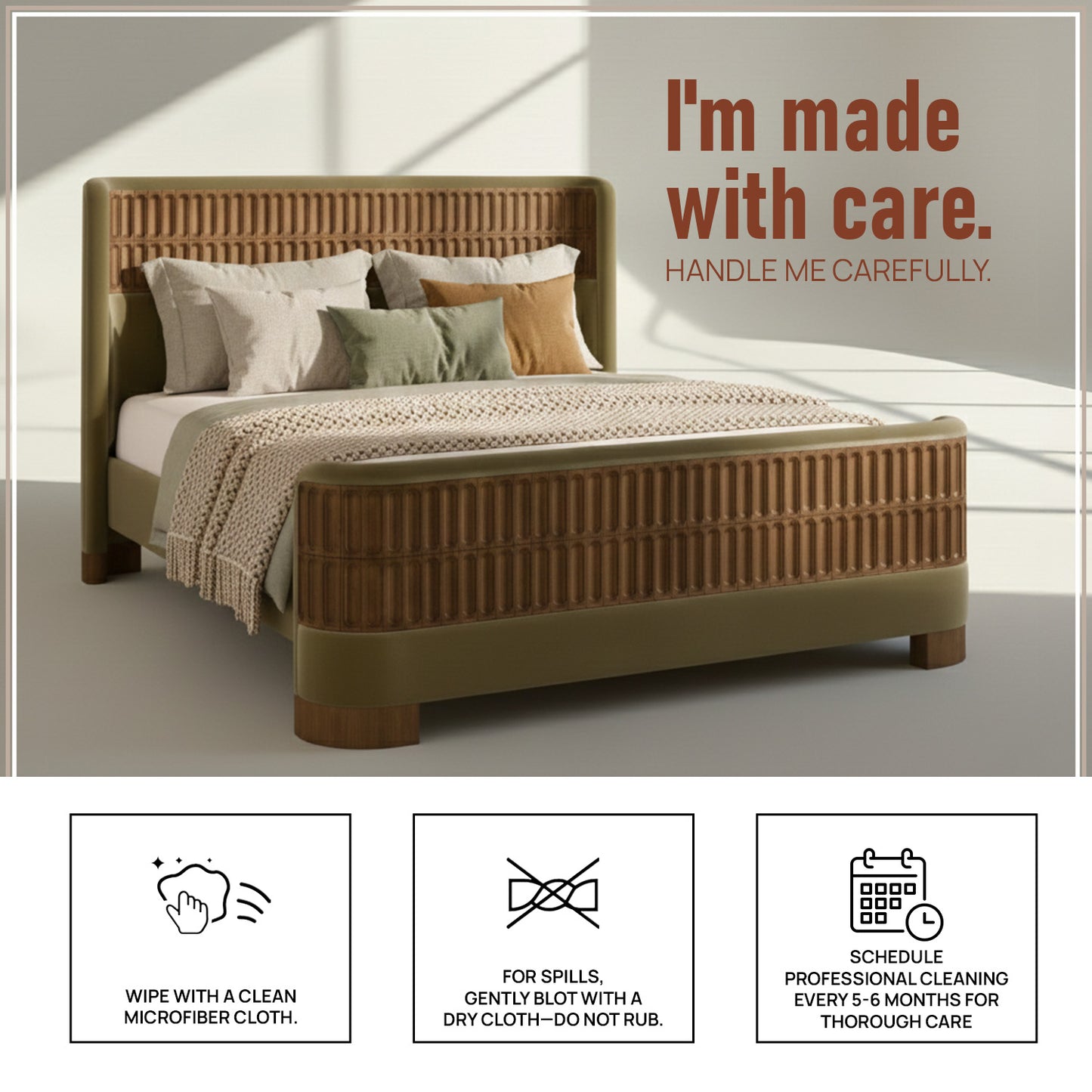 Heritage Cane Upholstered Queen Size Bed in Lichen Linen with Oak wood Frame