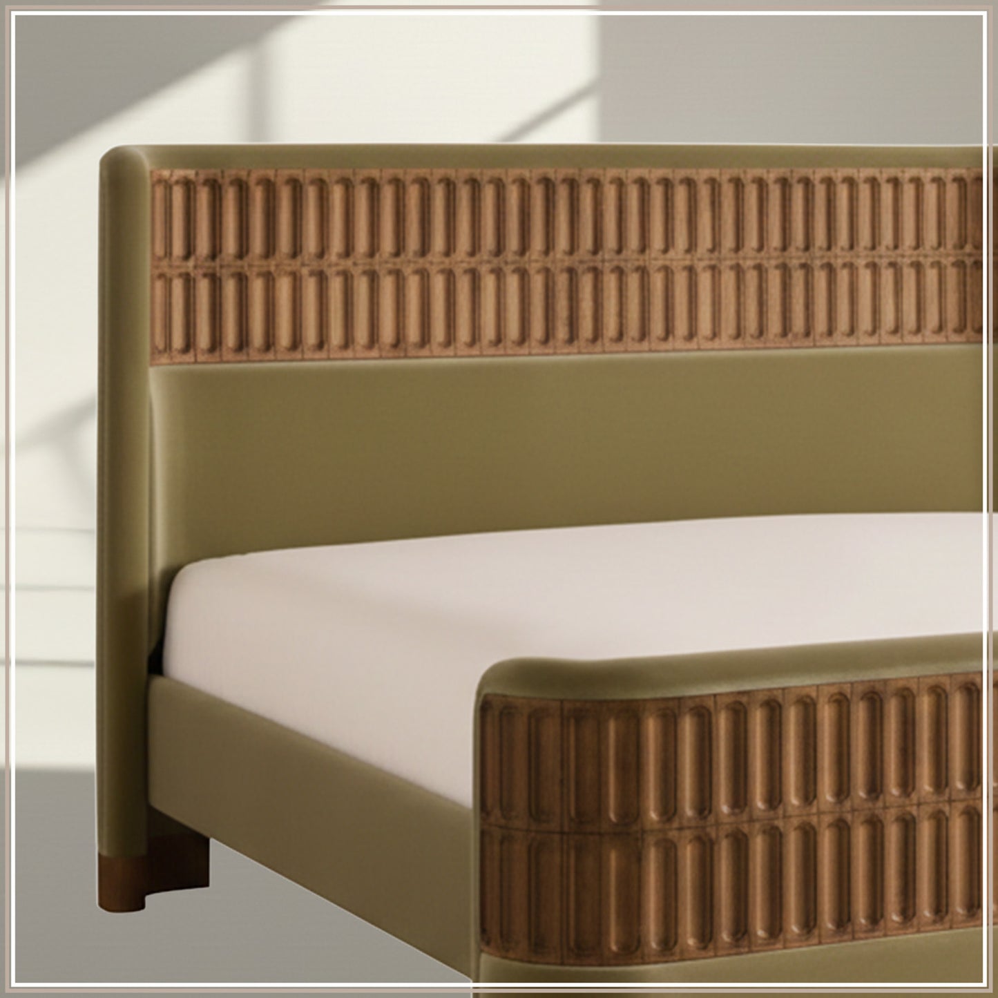 Heritage Cane Upholstered King Size Bed in Lichen Linen with Oak wood Frame