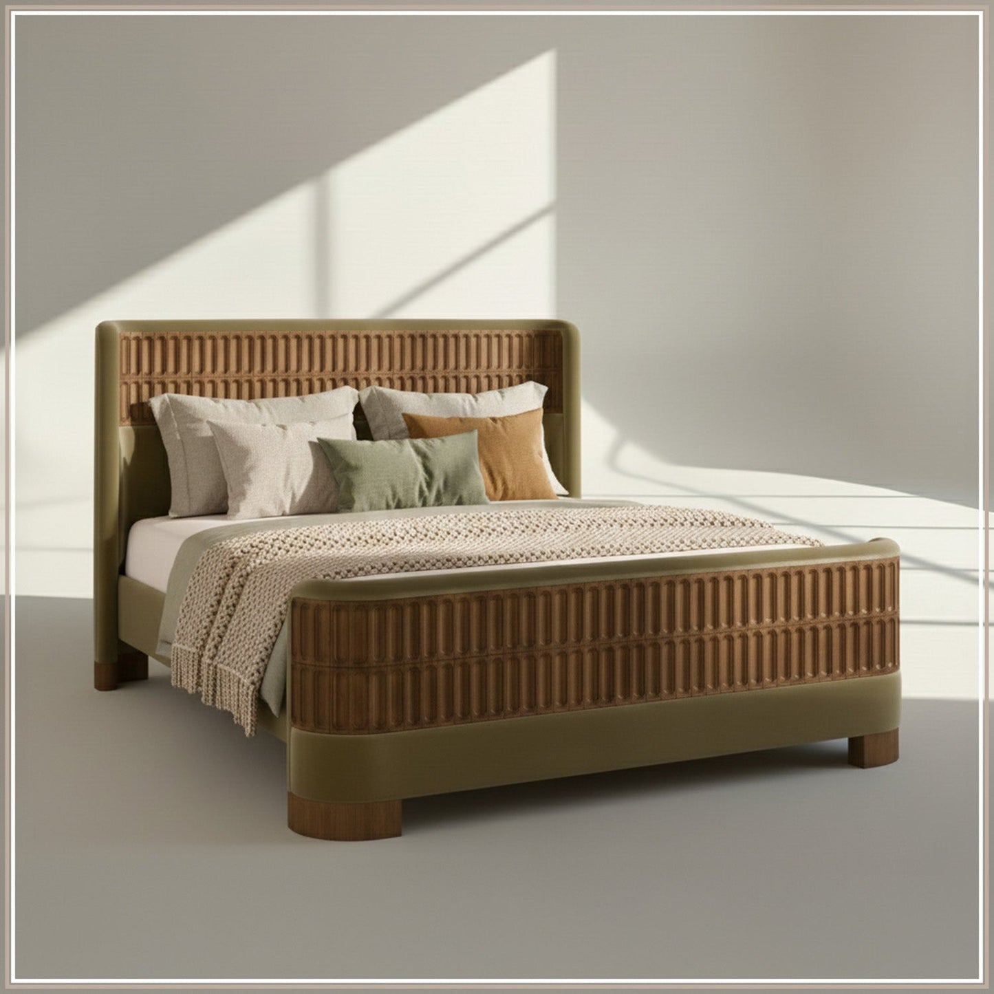 Heritage Cane Upholstered King Size Bed in Lichen Linen with Oak wood Frame