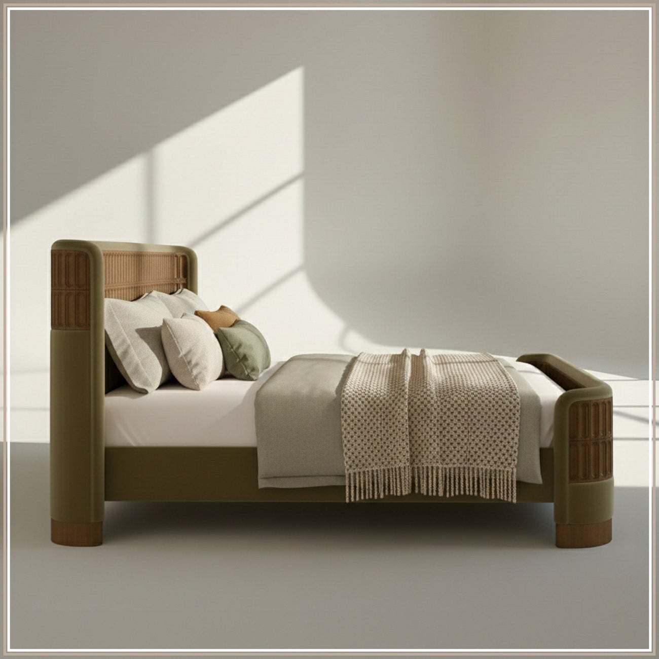 Heritage Cane Upholstered King Size Bed in Lichen Linen with Oak wood Frame