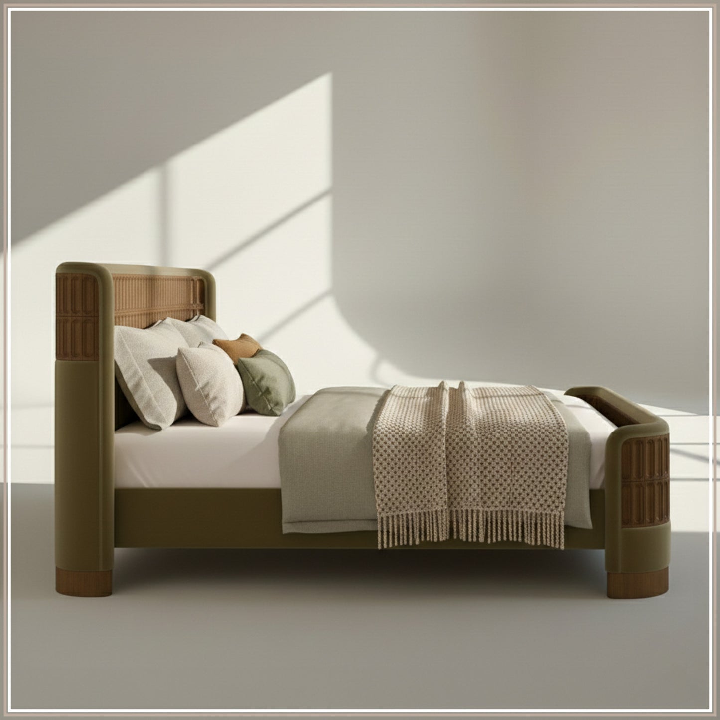 Heritage Cane Upholstered Queen Size Bed in Lichen Linen with Oak wood Frame