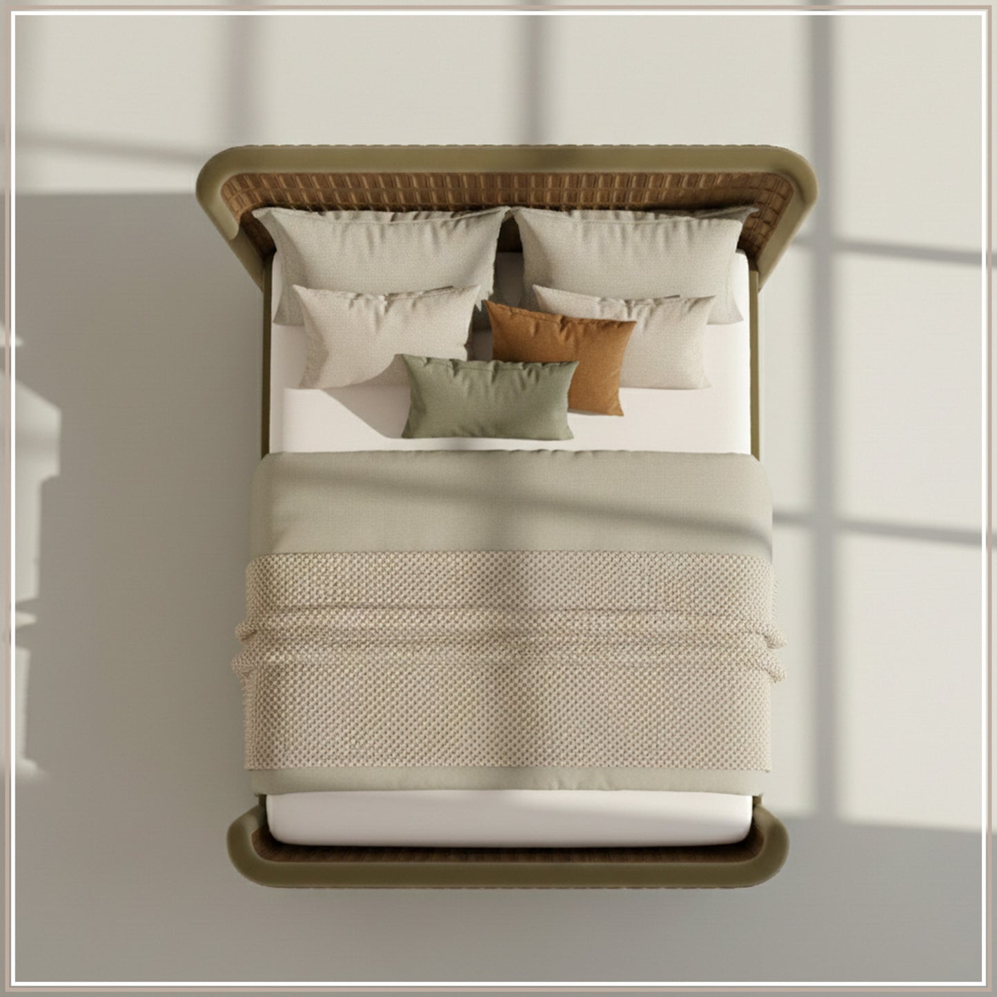 Heritage Cane Upholstered King Size Bed in Lichen Linen with Oak wood Frame