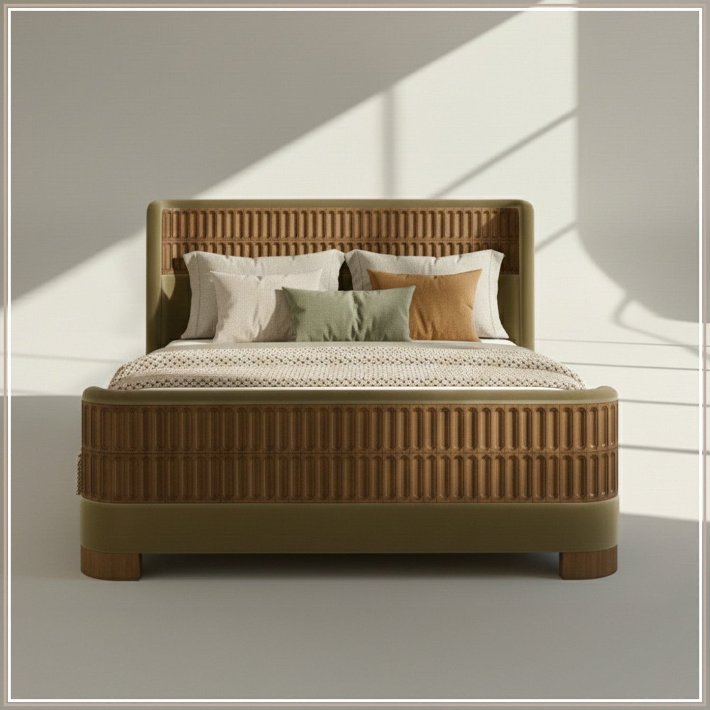 Heritage Cane Upholstered Queen Size Bed in Lichen Linen with Oak wood Frame