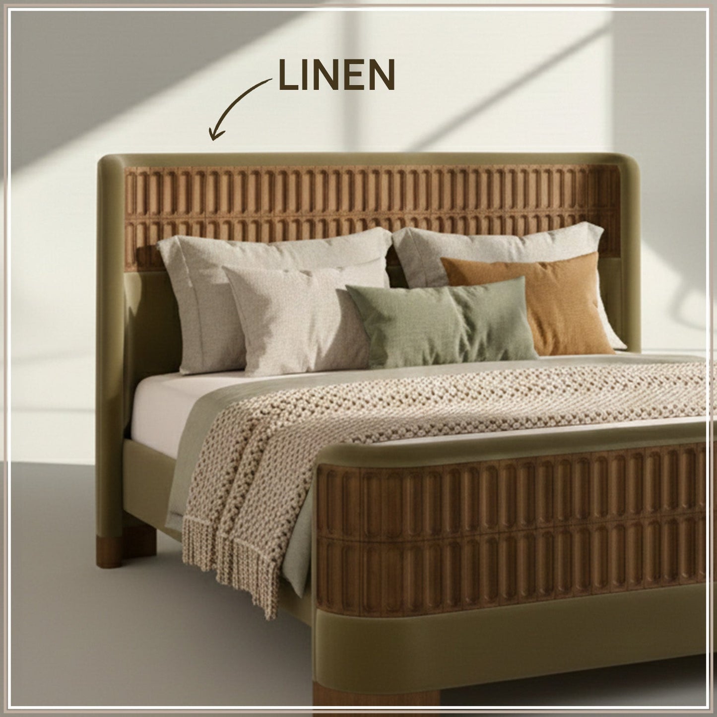 Heritage Cane Upholstered Queen Size Bed in Lichen Linen with Oak wood Frame