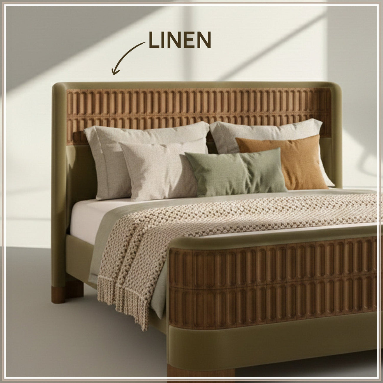 Heritage Cane Upholstered King Size Bed in Lichen Linen with Oak wood Frame