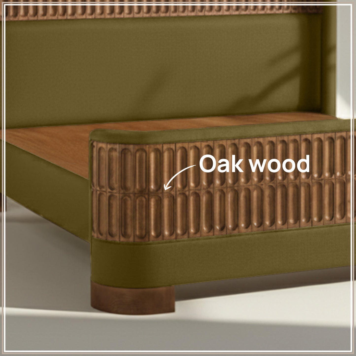 Heritage Cane Upholstered Queen Size Bed in Lichen Linen with Oak wood Frame
