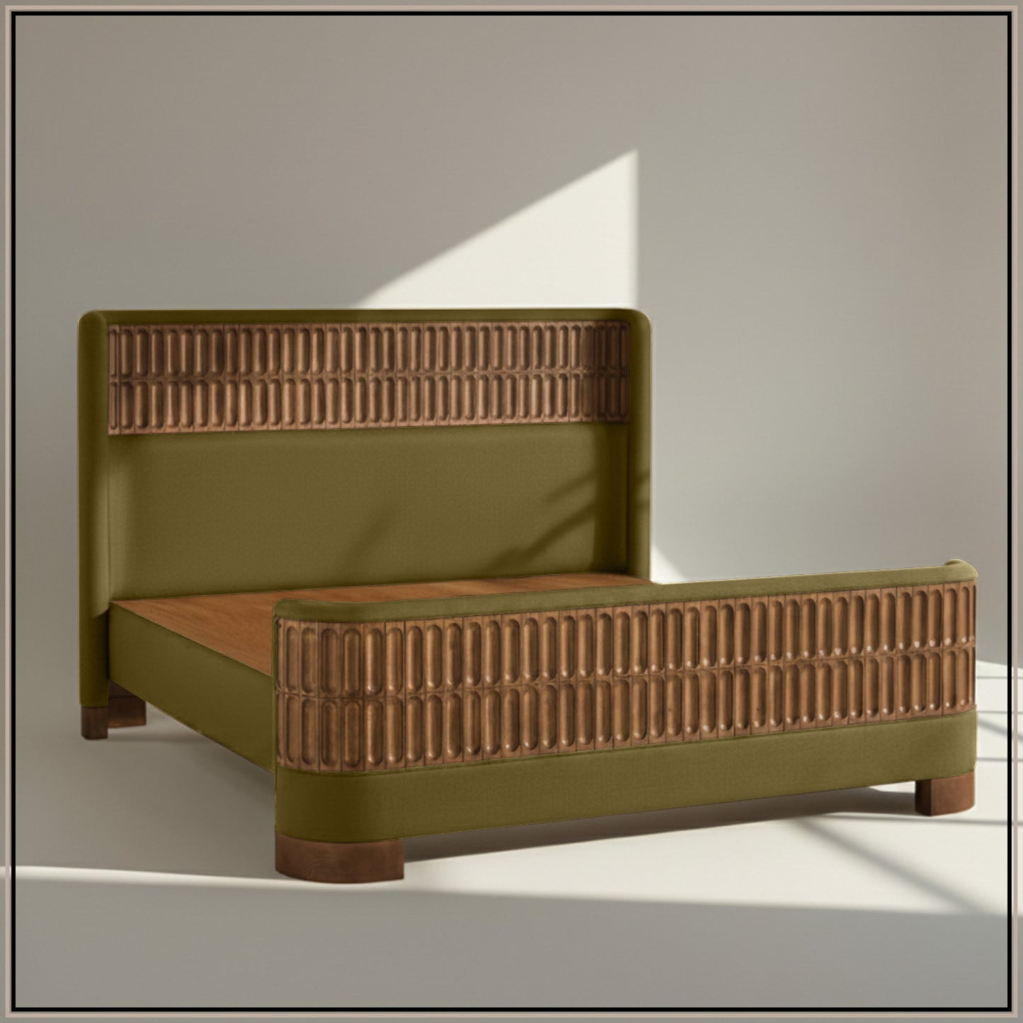 Heritage Cane Upholstered King Size Bed in Lichen Linen with Oak wood Frame