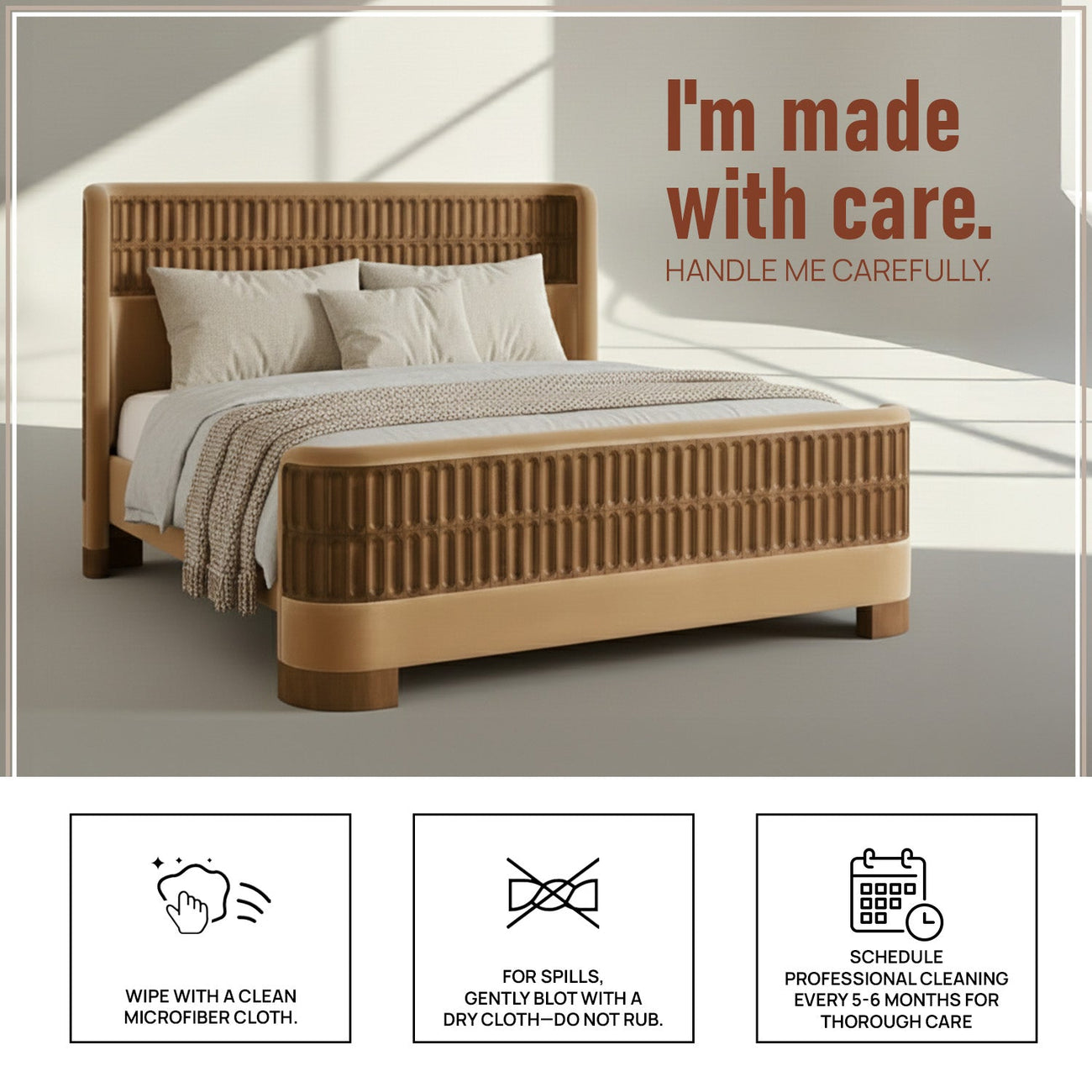 Heritage Cane Upholstered King Size Bed in Camel Linen With Oak wood Frame