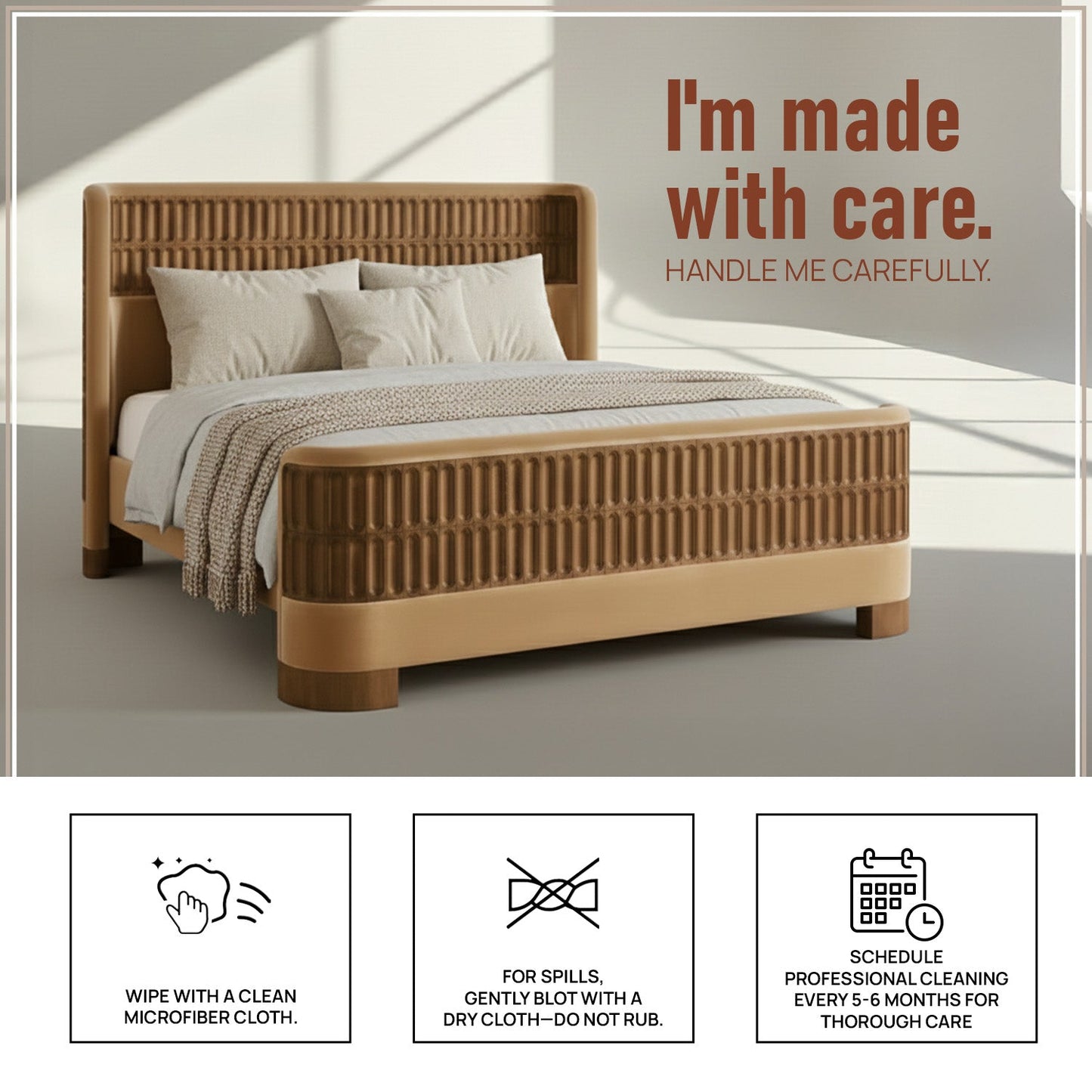 Heritage Cane Upholstered Queen Size Bed in Camel Linen with Oak wood Frame