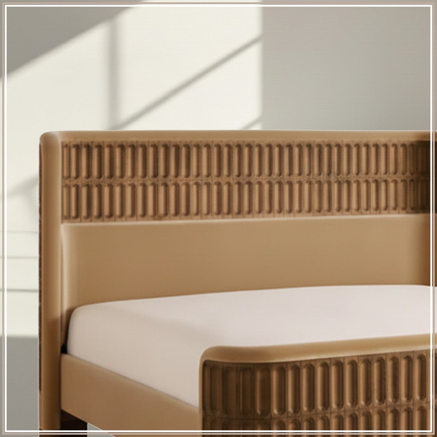 Heritage Cane Upholstered King Size Bed in Camel Linen With Oak wood Frame