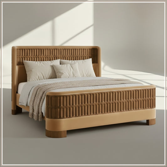 Heritage Cane Upholstered Queen Size Bed in Camel Linen with Oak wood Frame