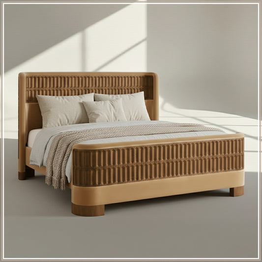 Heritage Cane Upholstered King Size Bed in Camel Linen With Oak wood Frame