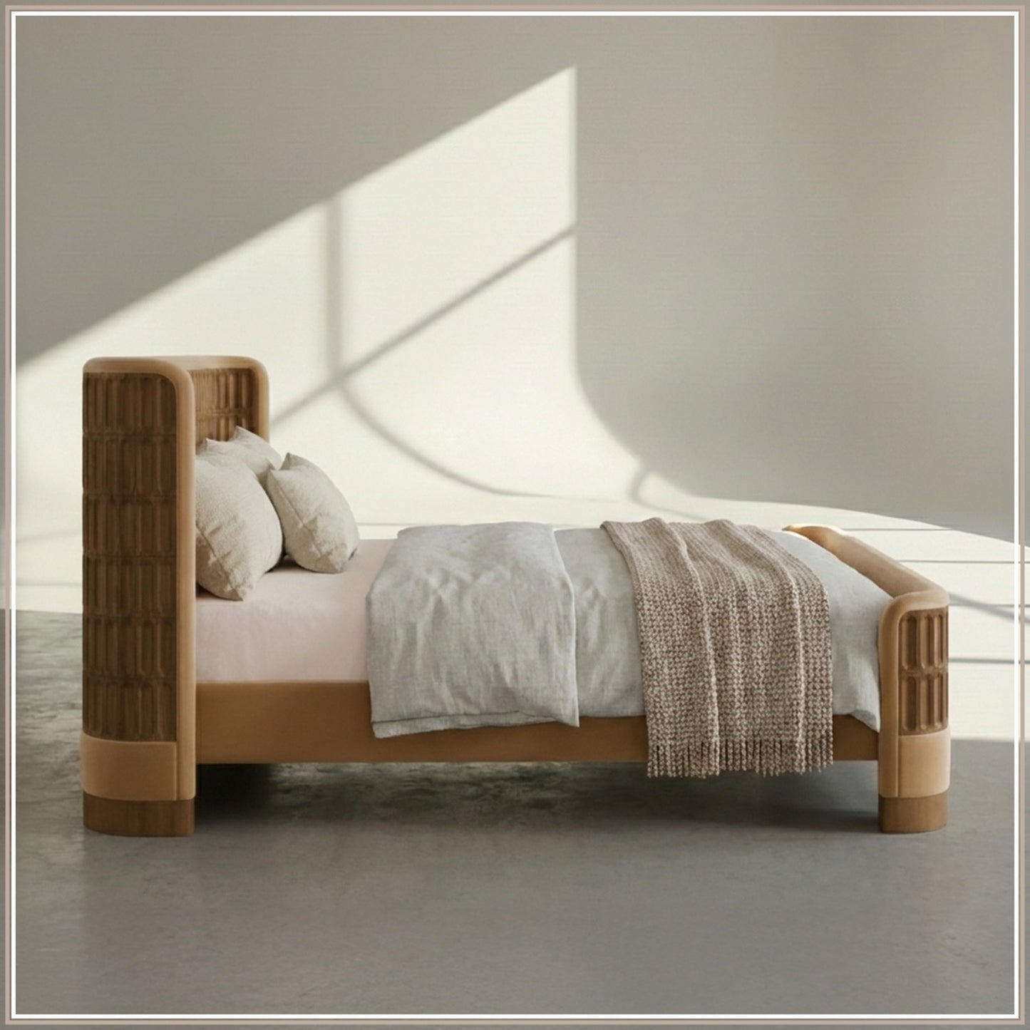 Heritage Cane Upholstered King Size Bed in Camel Linen With Oak wood Frame