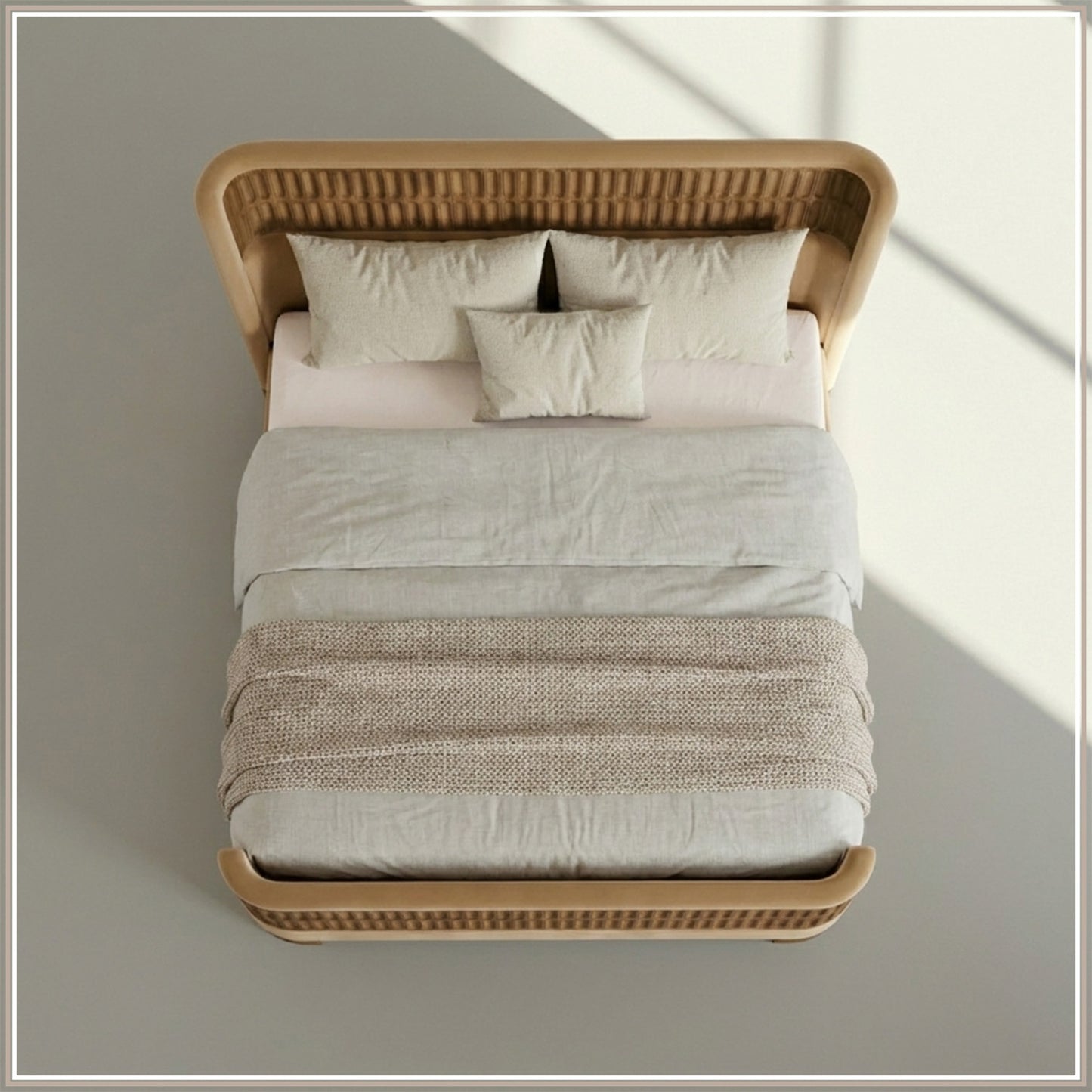 Heritage Cane Upholstered Queen Size Bed in Camel Linen with Oak wood Frame