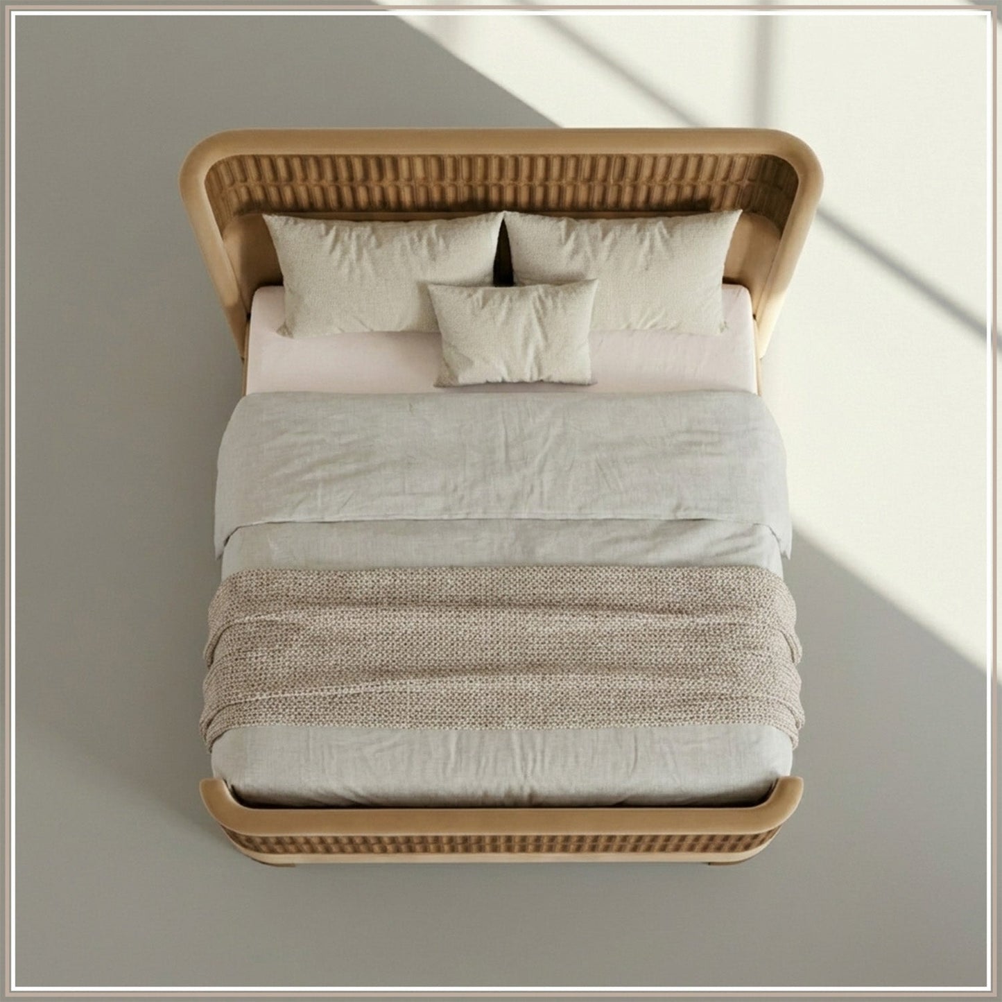 Heritage Cane Upholstered King Size Bed in Camel Linen With Oak wood Frame