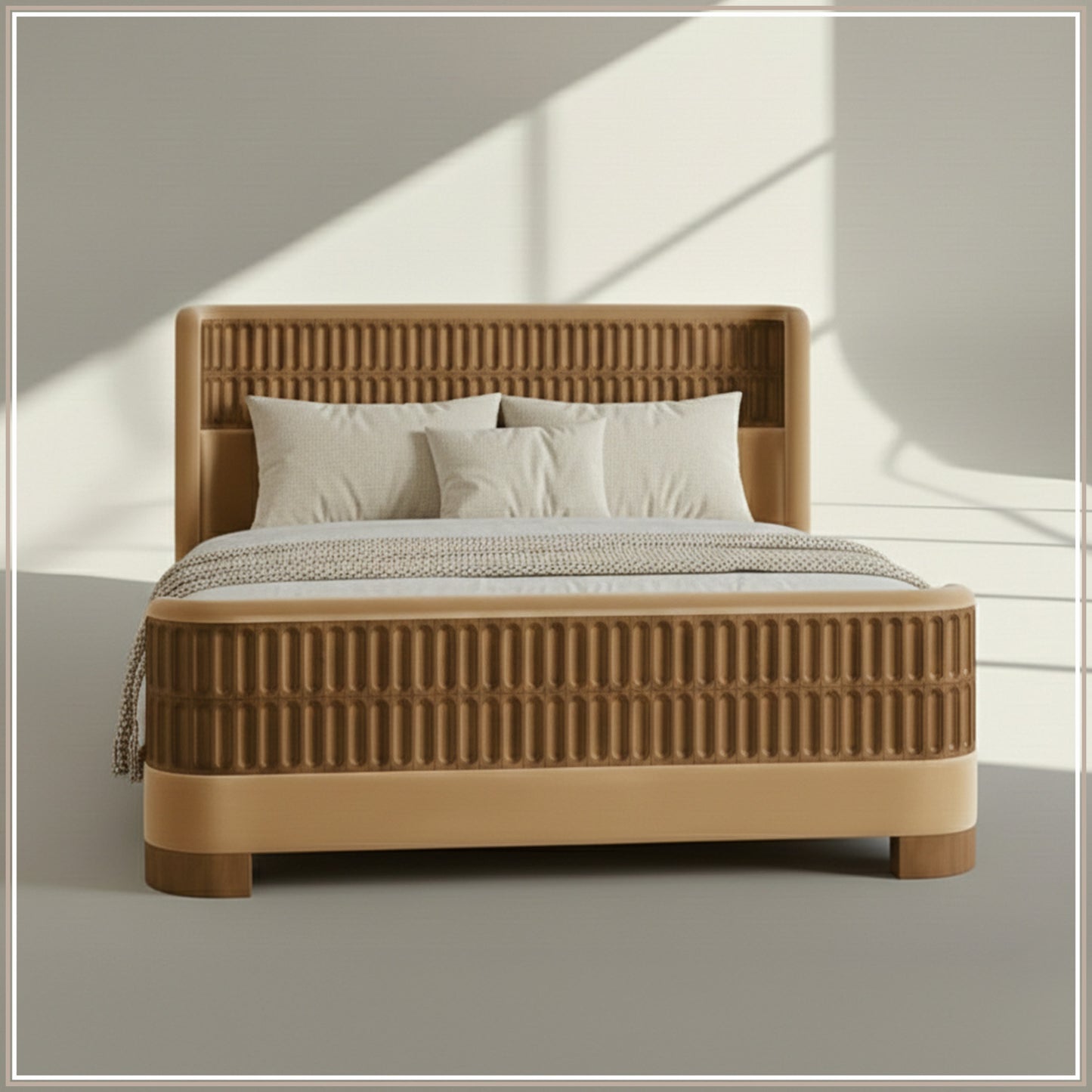 Heritage Cane Upholstered Queen Size Bed in Camel Linen with Oak wood Frame