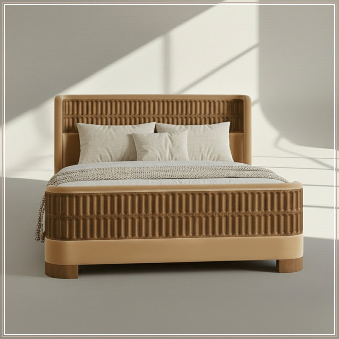 Heritage Cane Upholstered Queen Size Bed in Camel Linen with Oak wood Frame