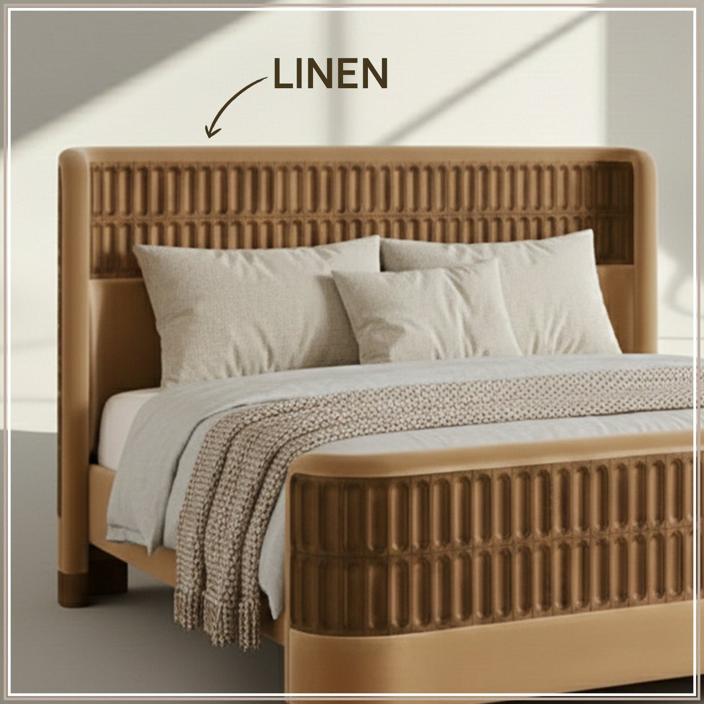 Heritage Cane Upholstered Queen Size Bed in Camel Linen with Oak wood Frame