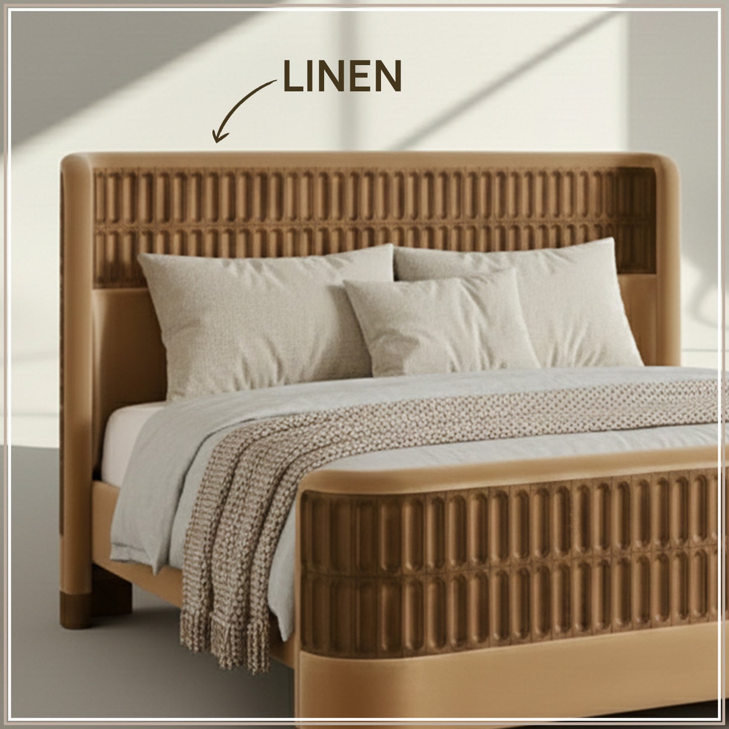 Heritage Cane Upholstered Queen Size Bed in Camel Linen with Oak wood Frame