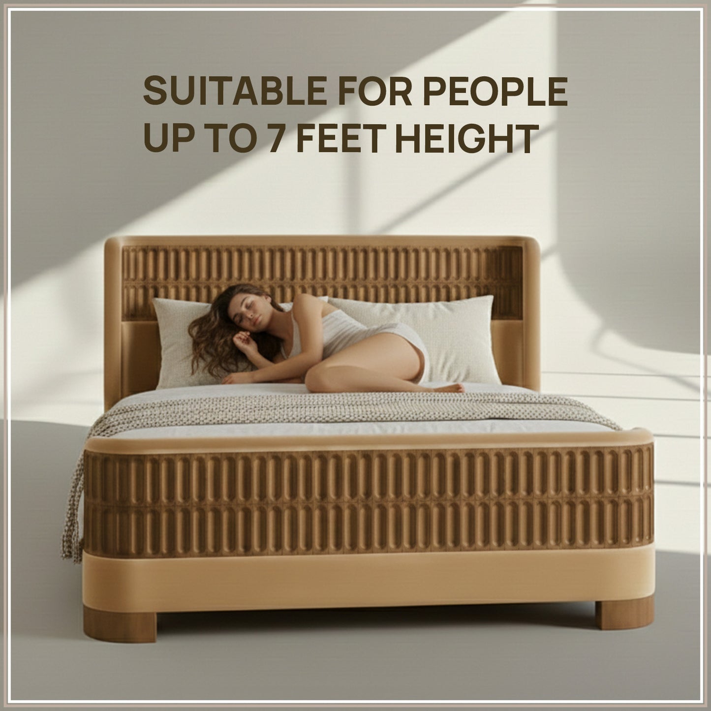 Heritage Cane Upholstered Queen Size Bed in Camel Linen with Oak wood Frame