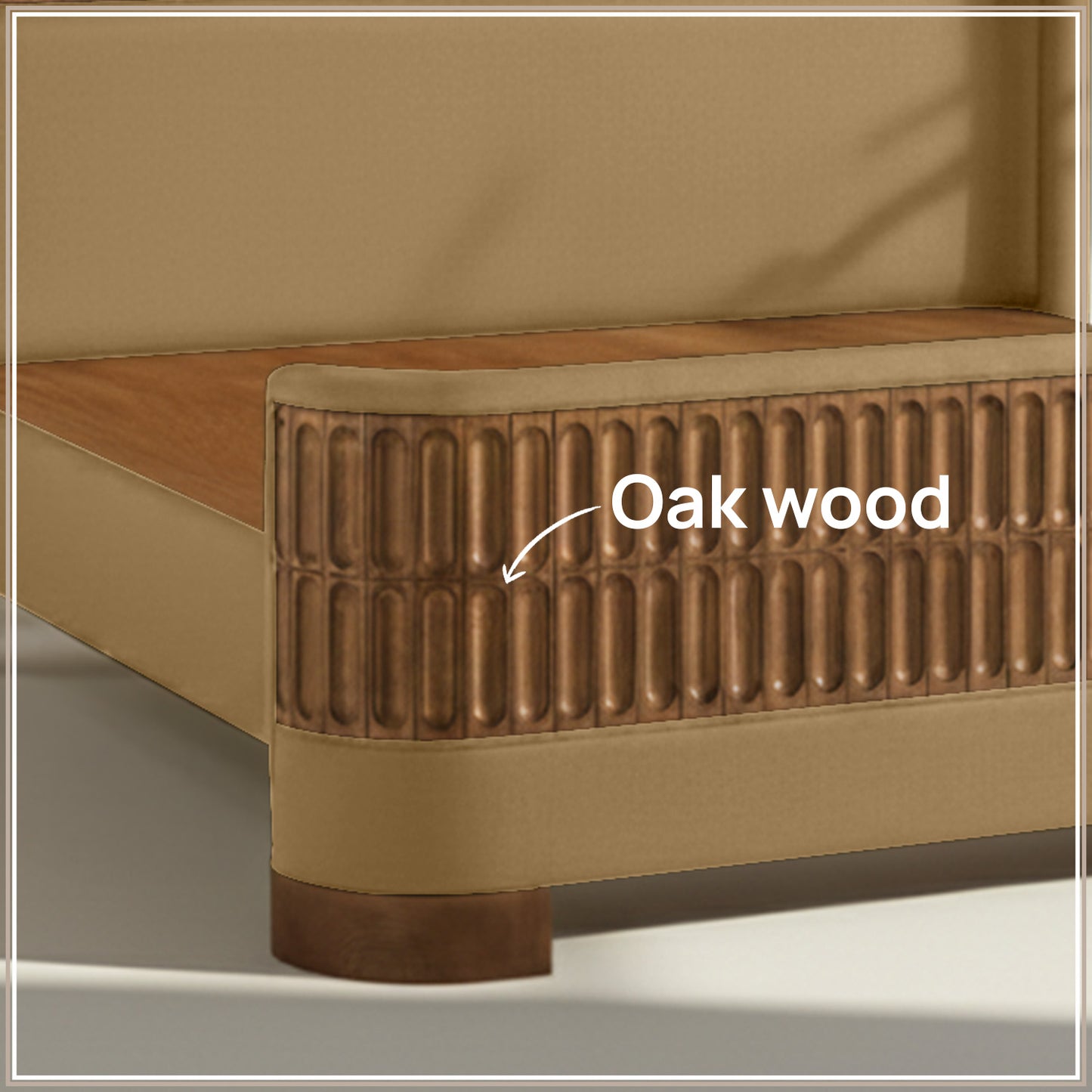 Heritage Cane Upholstered King Size Bed in Camel Linen With Oak wood Frame