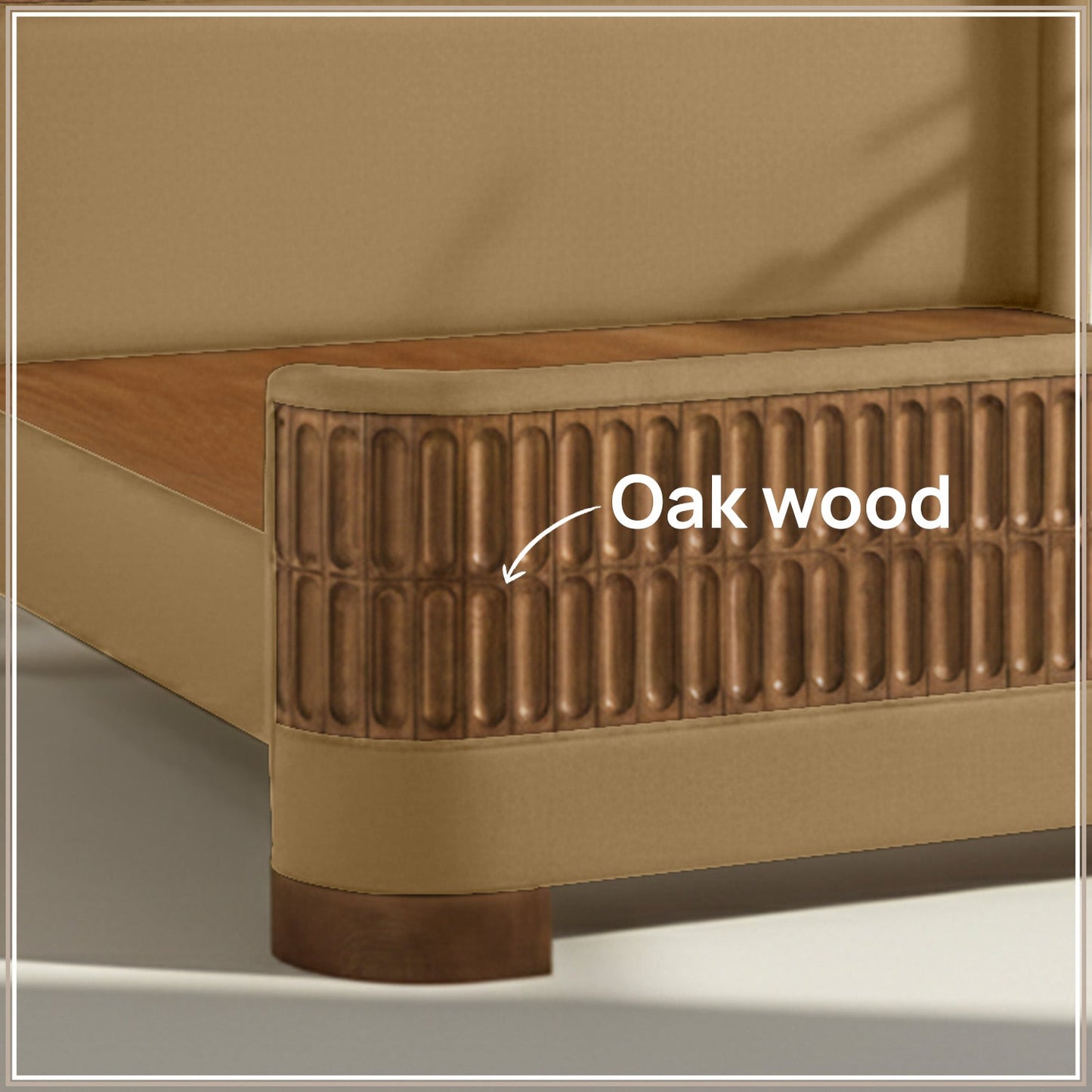 Heritage Cane Upholstered King Size Bed in Camel Linen With Oak wood Frame