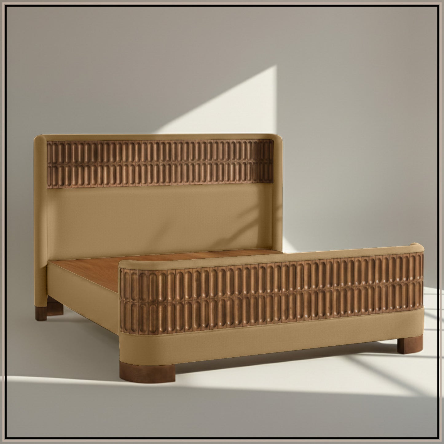 Heritage Cane Upholstered Queen Size Bed in Camel Linen with Oak wood Frame