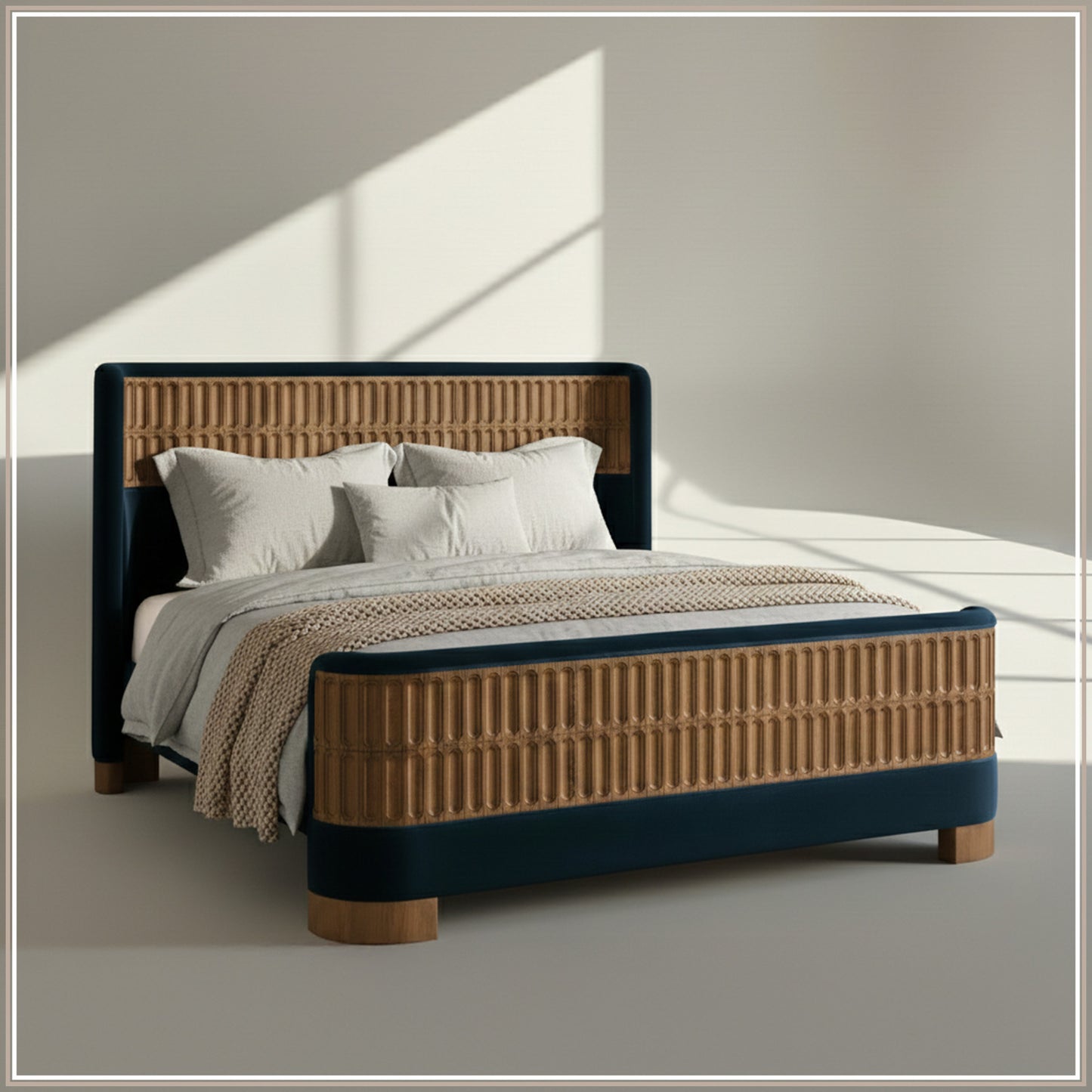 Heritage Cane Upholstered King Size Bed in Royal Blue Linen With Oak wood Frame