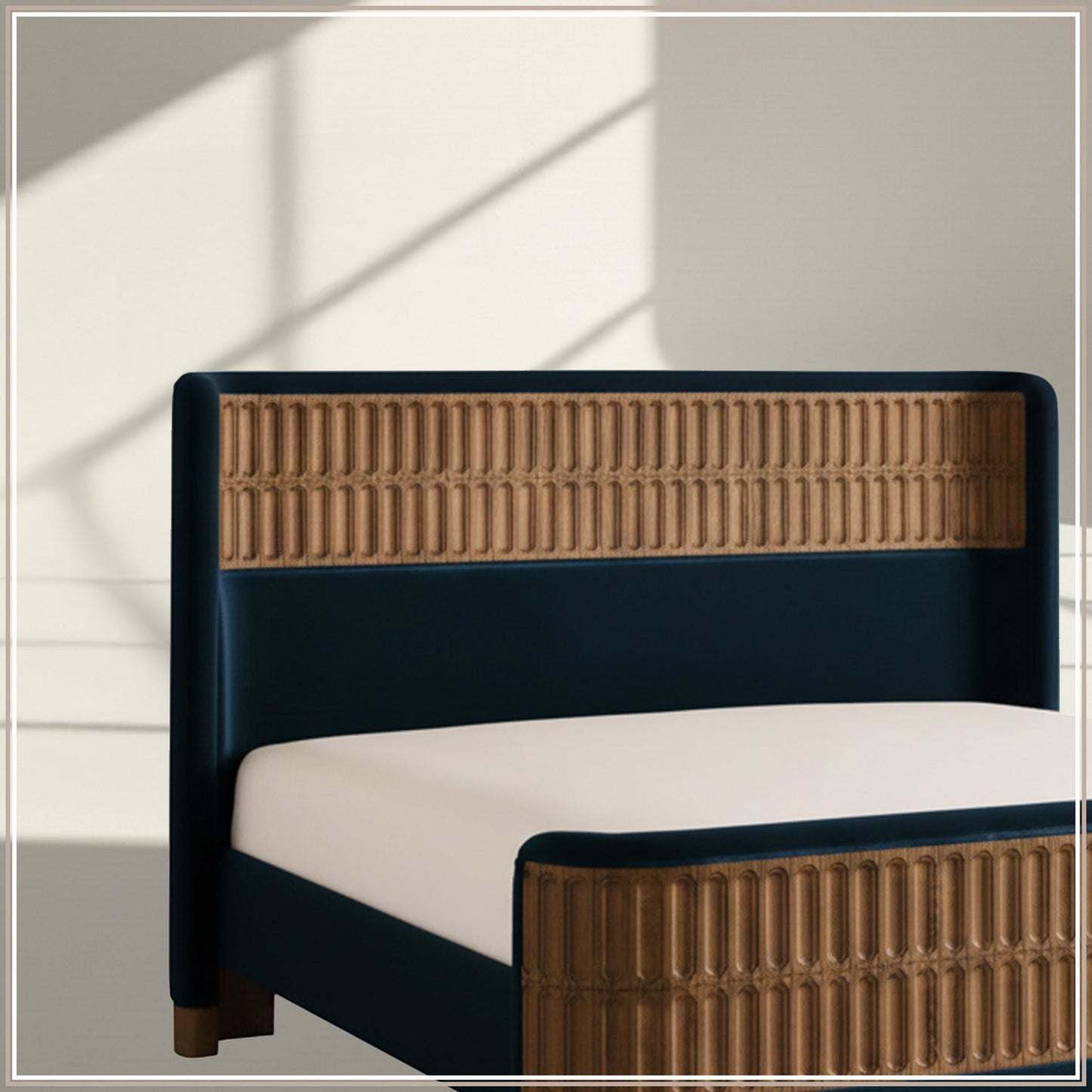 Heritage Cane Upholstered King Size Bed in Royal Blue Linen With Oak wood Frame
