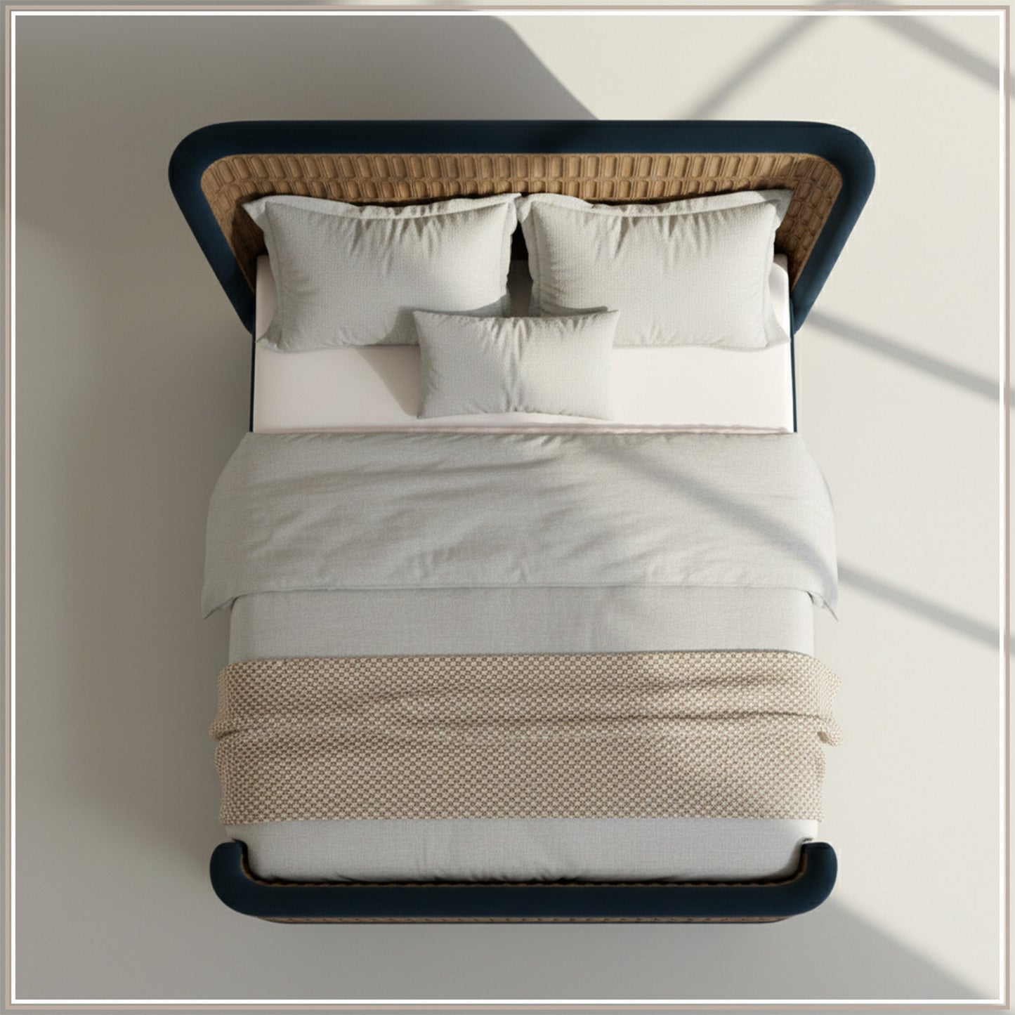 Heritage Cane Upholstered Queen Size Bed in Royal Blue Linen with Oak wood Frame
