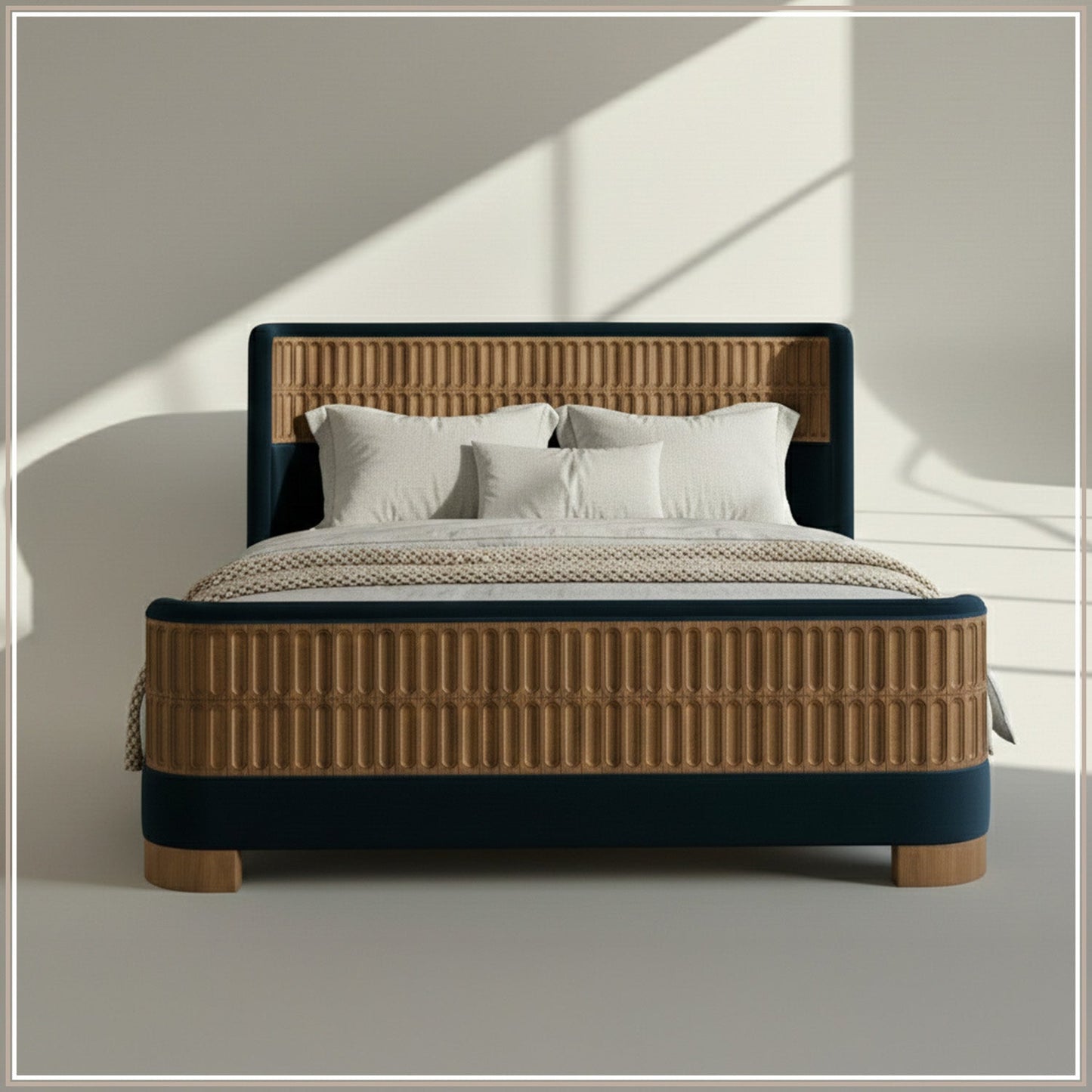 Heritage Cane Upholstered Queen Size Bed in Royal Blue Linen with Oak wood Frame