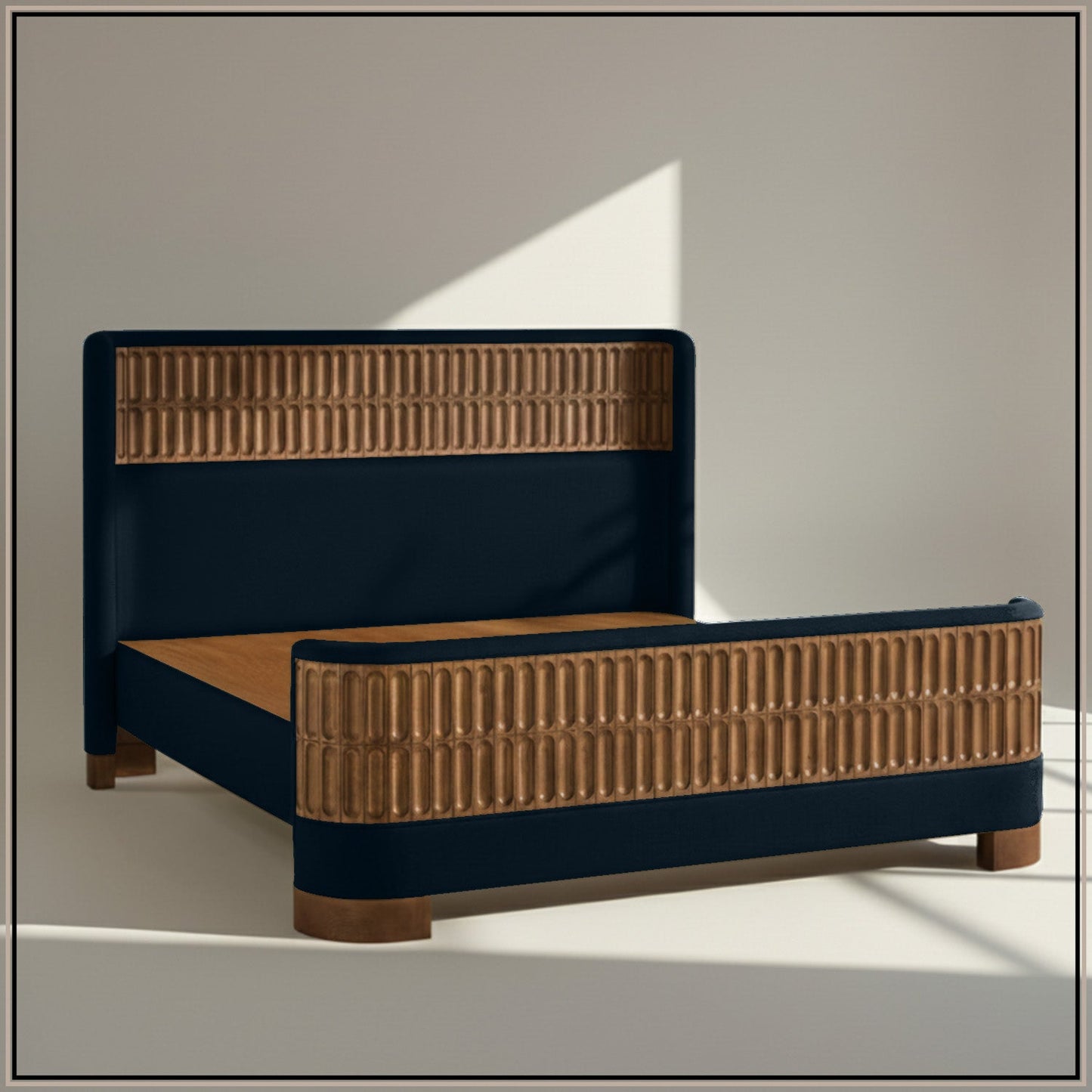 Heritage Cane Upholstered Queen Size Bed in Royal Blue Linen with Oak wood Frame