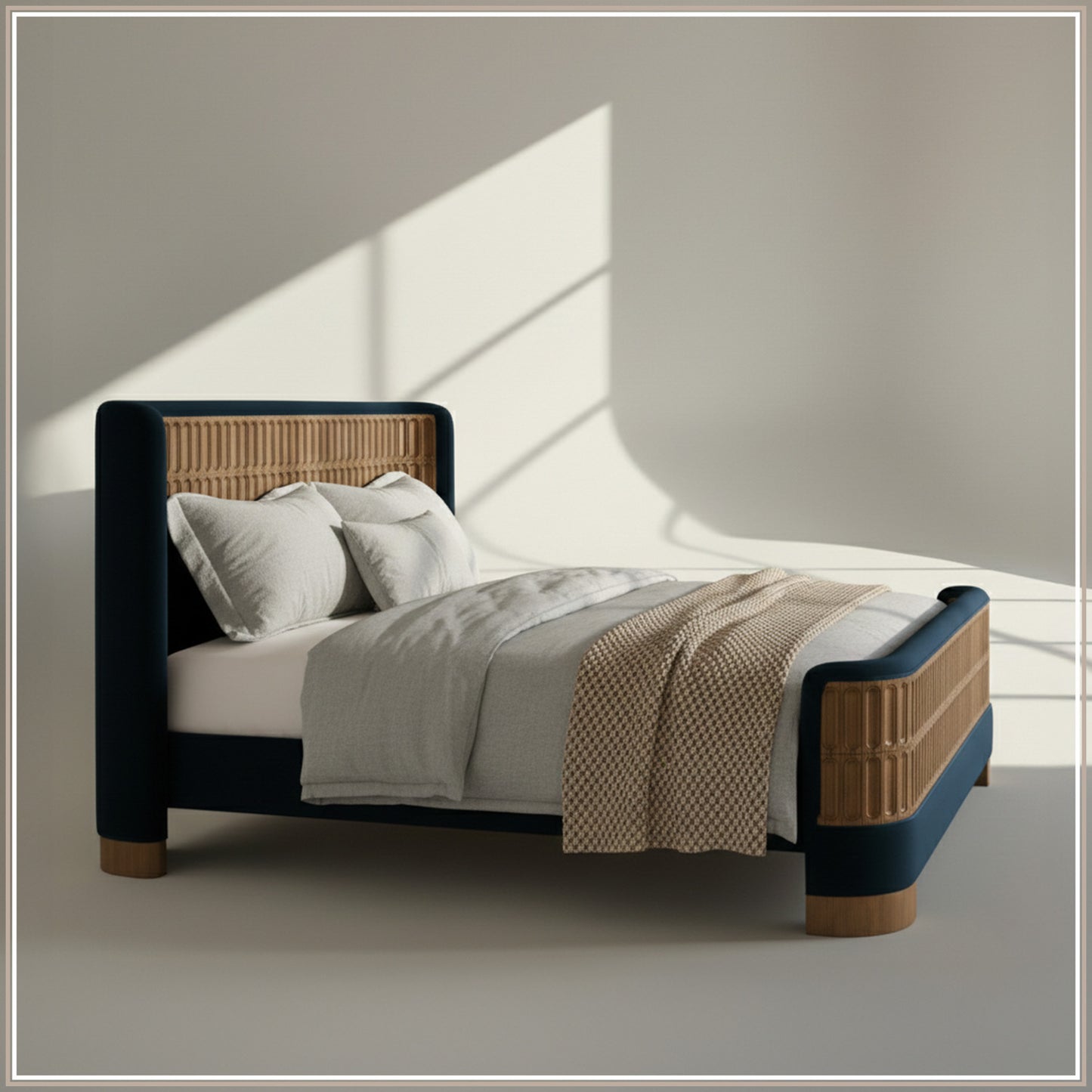 Heritage Cane Upholstered King Size Bed in Royal Blue Linen With Oak wood Frame