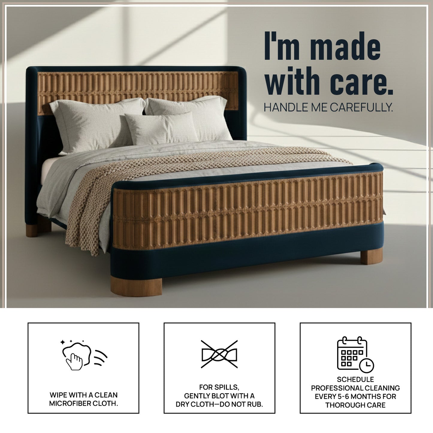 Heritage Cane Upholstered Queen Size Bed in Royal Blue Linen with Oak wood Frame