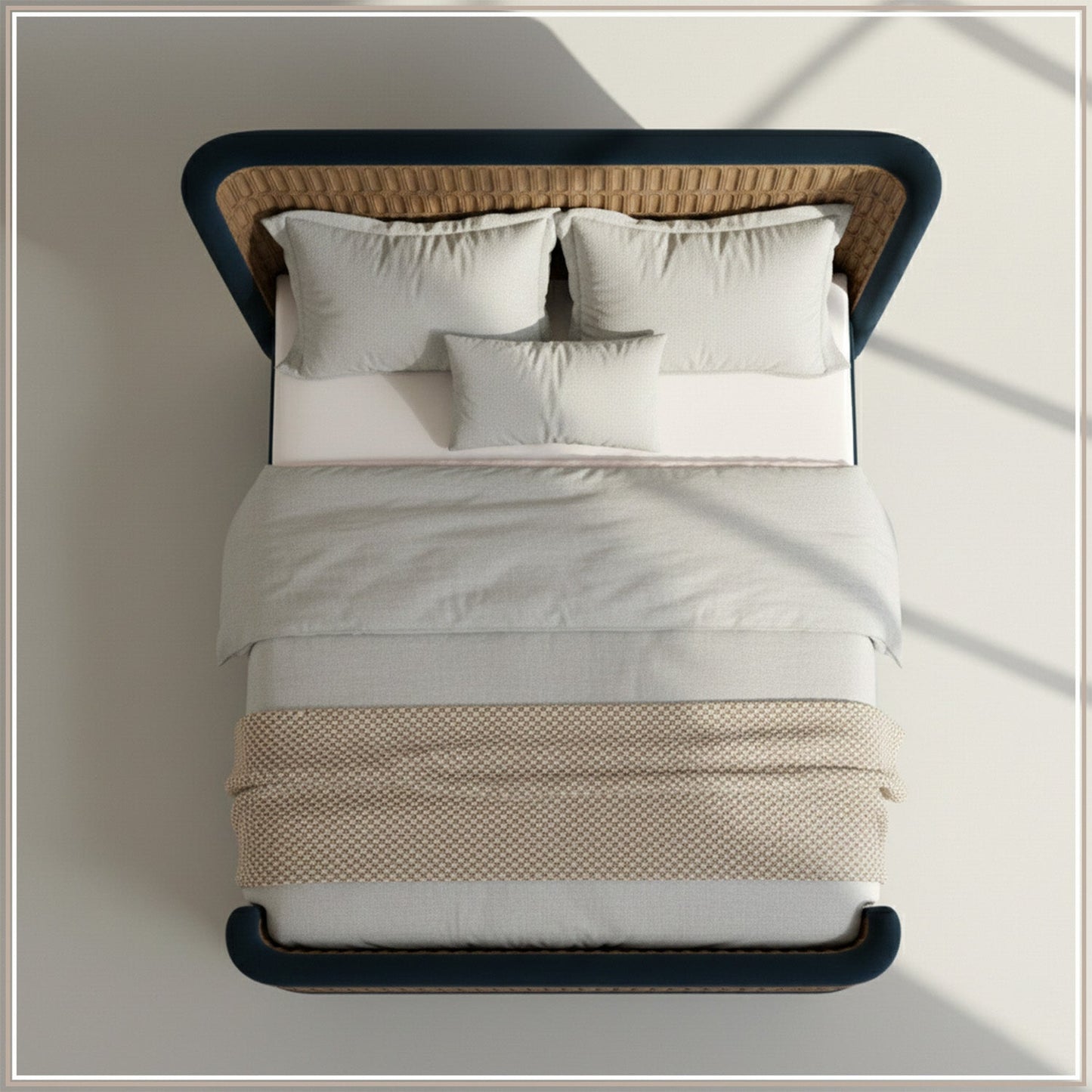Heritage Cane Upholstered King Size Bed in Royal Blue Linen With Oak wood Frame