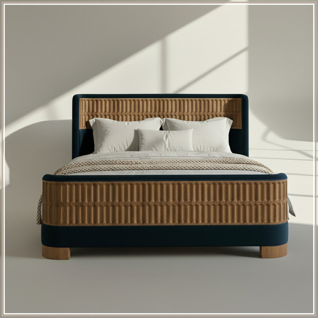 Heritage Cane Upholstered King Size Bed in Royal Blue Linen With Oak wood Frame