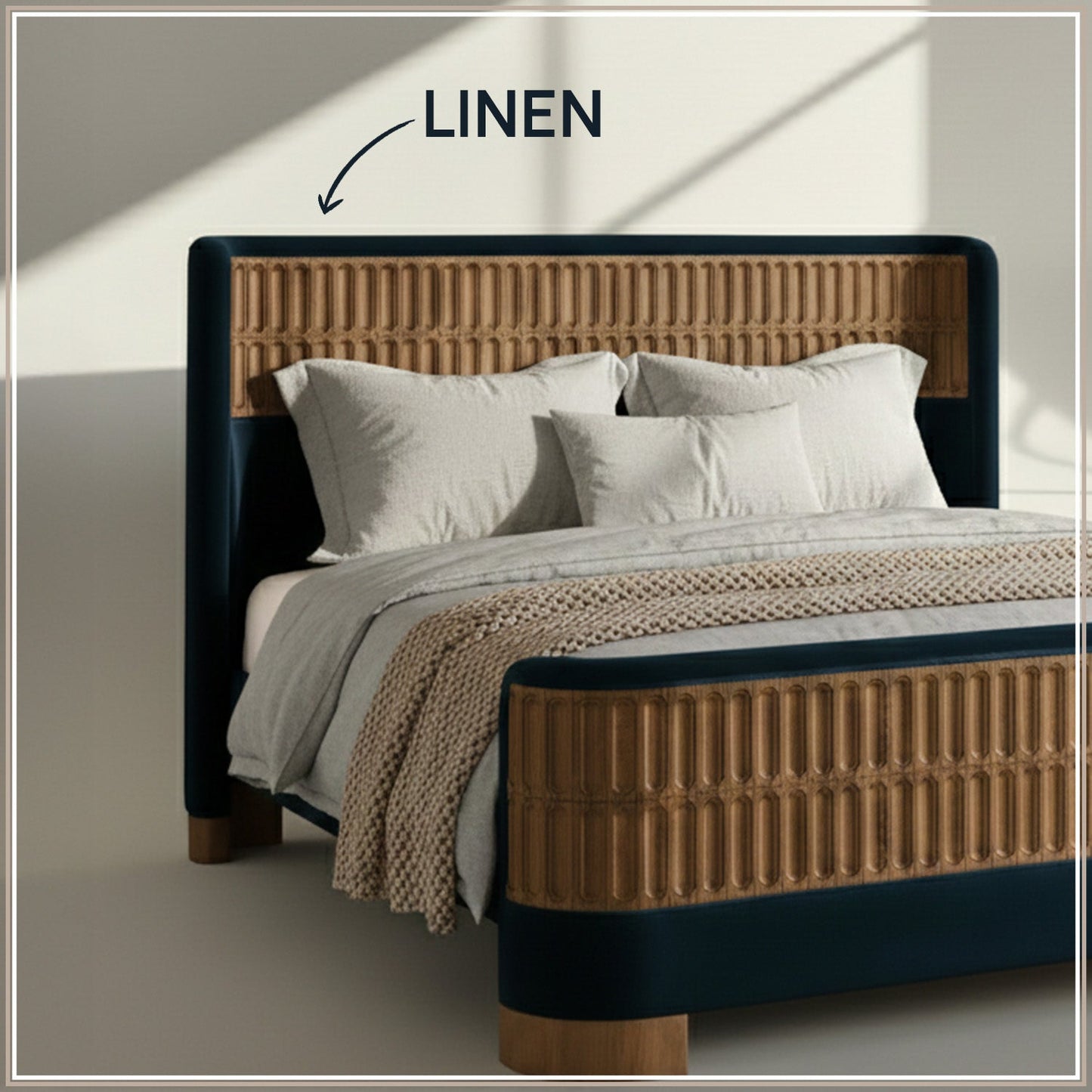 Heritage Cane Upholstered King Size Bed in Royal Blue Linen With Oak wood Frame